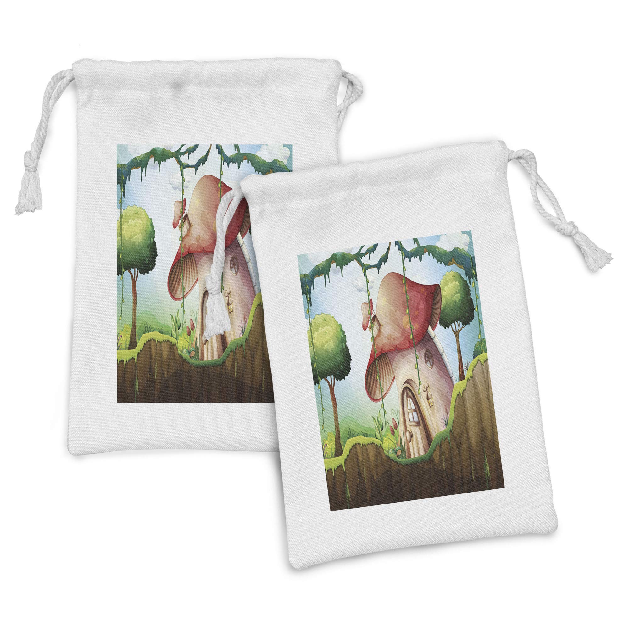 Ambesonne 2-Pack Cartoon Mushroom House Fabric Drawstring Pouch - 9