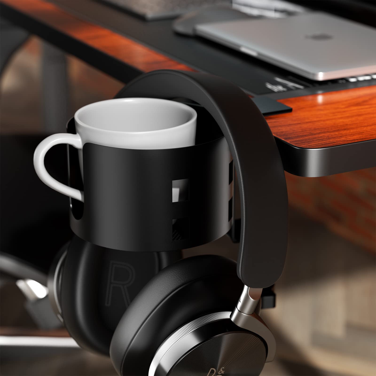 Upgraded Large Desk Cup Holder Clamp - OOKUU Anti-Spill Metal Office & Gaming Desk Accessory - Universal Fit for Cups, Bottles & Pencil Holders (Black) - Perfect for Workstations, Home Office & Gaming Setups