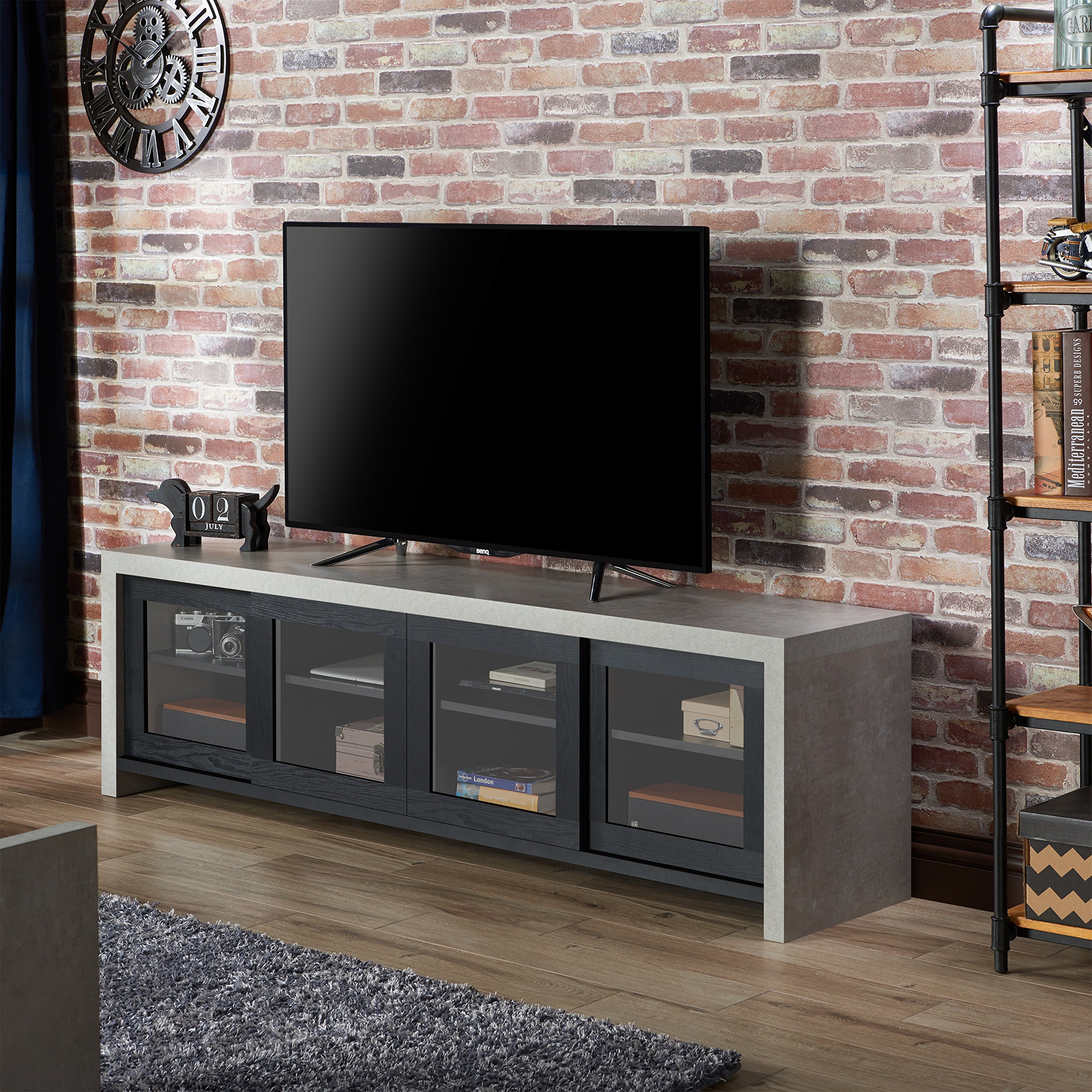 Modern Sliding Glass Door TV Stand - Black & Cement Finish - 24/7 Shop at Home Nouel - Perfect for Living Room, Bedroom & Home Theater Setup