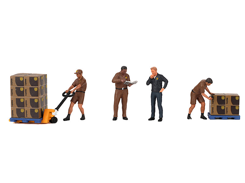 Mini GT 1/64 Scale UPS Delivery Truck & Worker Figure Set - 7 Piece Diecast Model Collection for Car Enthusiasts & Diorama Scenes