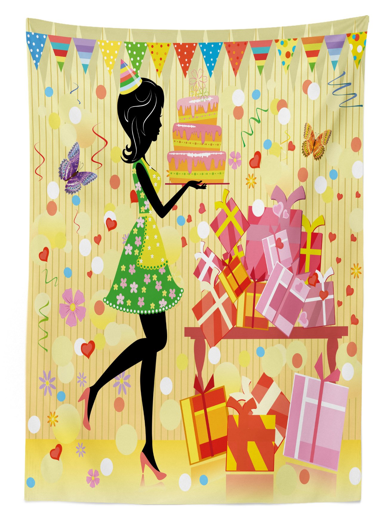 Ambesonne Birthday Outdoor Tablecloth - Colorful Butterfly & Cake Design, Washable Picnic Table Cover 58