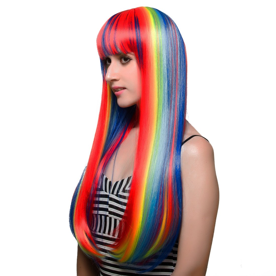 Rainbow Straight Wig with Bangs - Multi Color Heat Resistant Synthetic Wig for Girls | Cosplay, Music Festival, Halloween Costume, Party & Costume Events