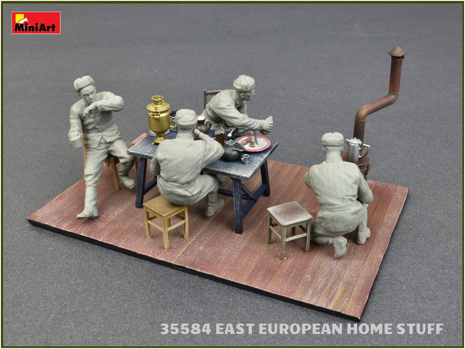 1/35 Scale Mini Art MA35584 Eastern European Household Furniture Model Kit - Tables, Chairs, Tableware & Stove for Diorama, Wargaming & Historical Display