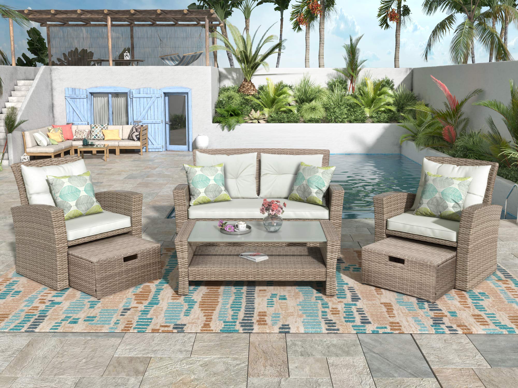 Danxee 4-Piece All-Weather Outdoor Patio Furniture Set with Ottoman - Wicker Rattan Sectional Sofa, Cushions & Glass Top Table - Beige - Perfect for Backyard, Garden, Poolside & Patio Relaxation