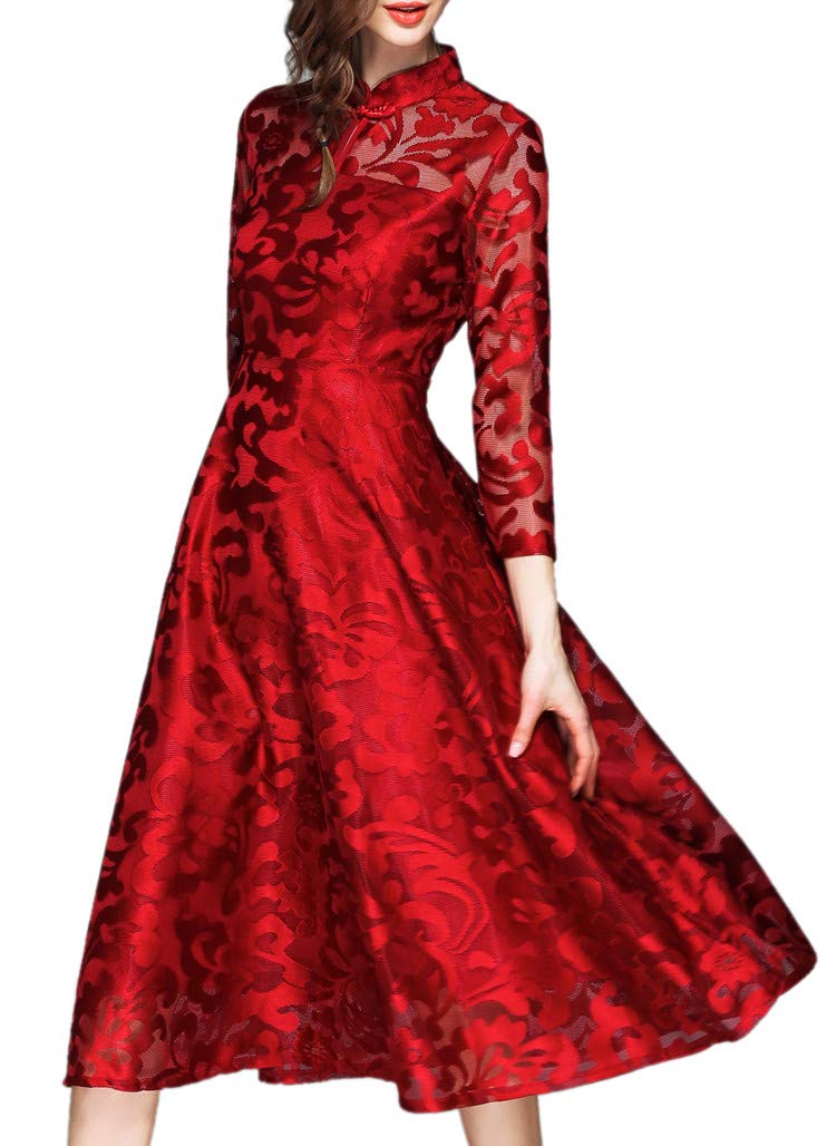 Vintage Floral Lace A-Line Midi Swing Dress for Women - Elegant Fall Formal Tea Dress for Bridesmaid, Evening Cocktail Party & Special Occasions