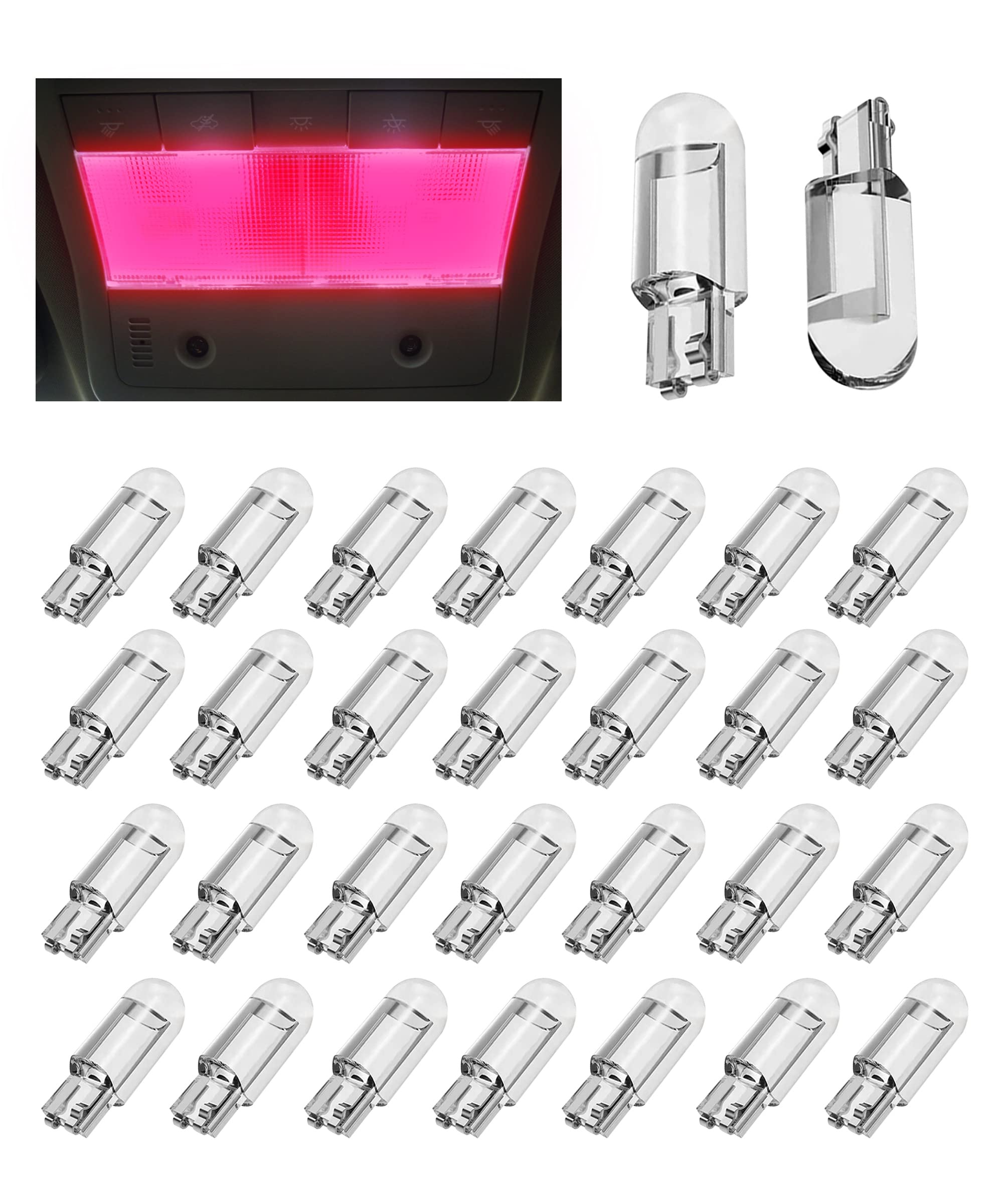 30PCS 12V 194 LED Light Bulbs - 6000K White COB LED Replacement Bulbs for Interior Car Lights, Reverse Lights, Day Running Lights (W5W T10 Wedge, Error Free, Pink) - Perfect for Dashboard, License Plate, Dome & Map Lights