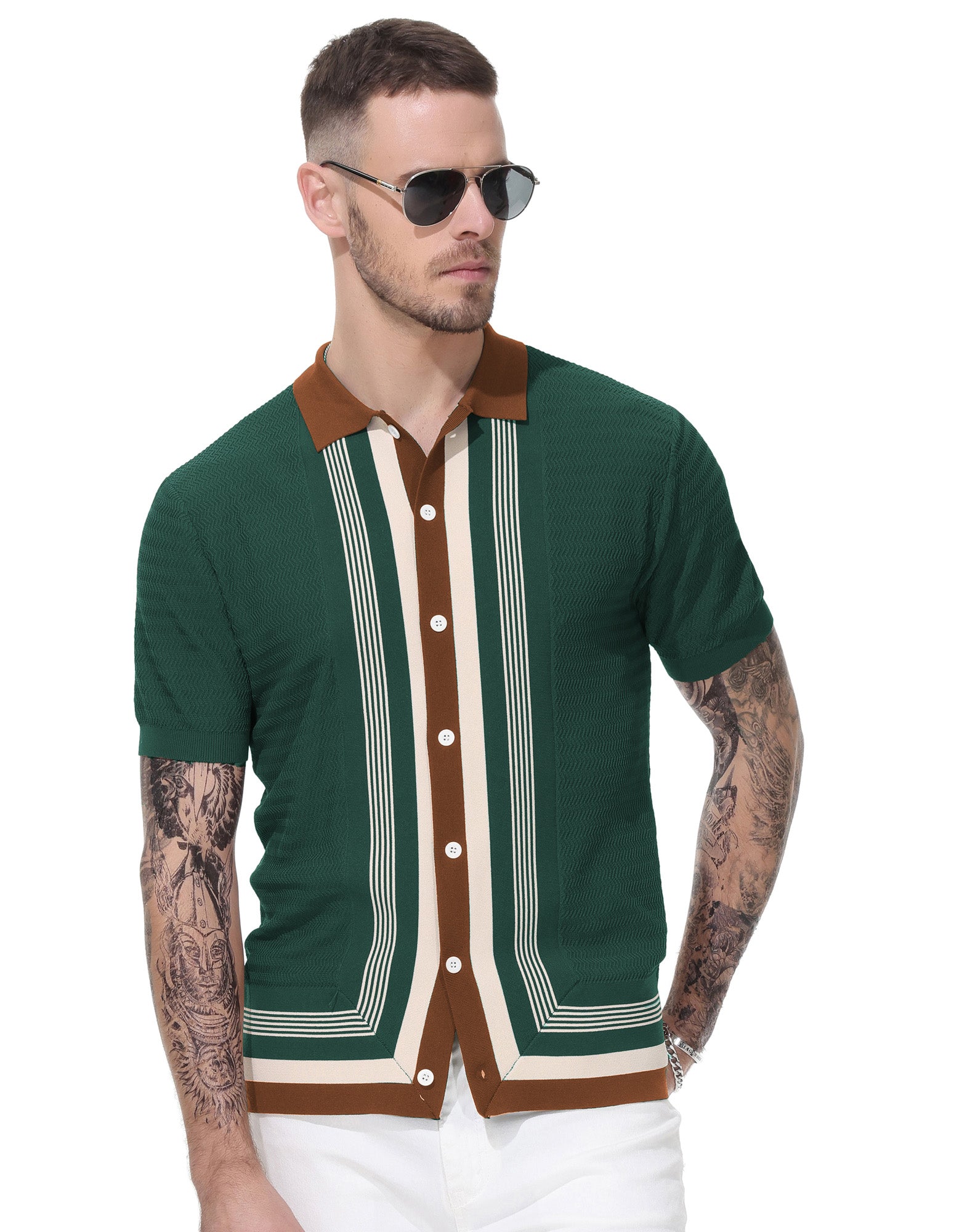 Men's Contrast Color Cardigan Sweater - Short Sleeve Lapel Button Up Knitwear for Casual Wear & Office Outfits