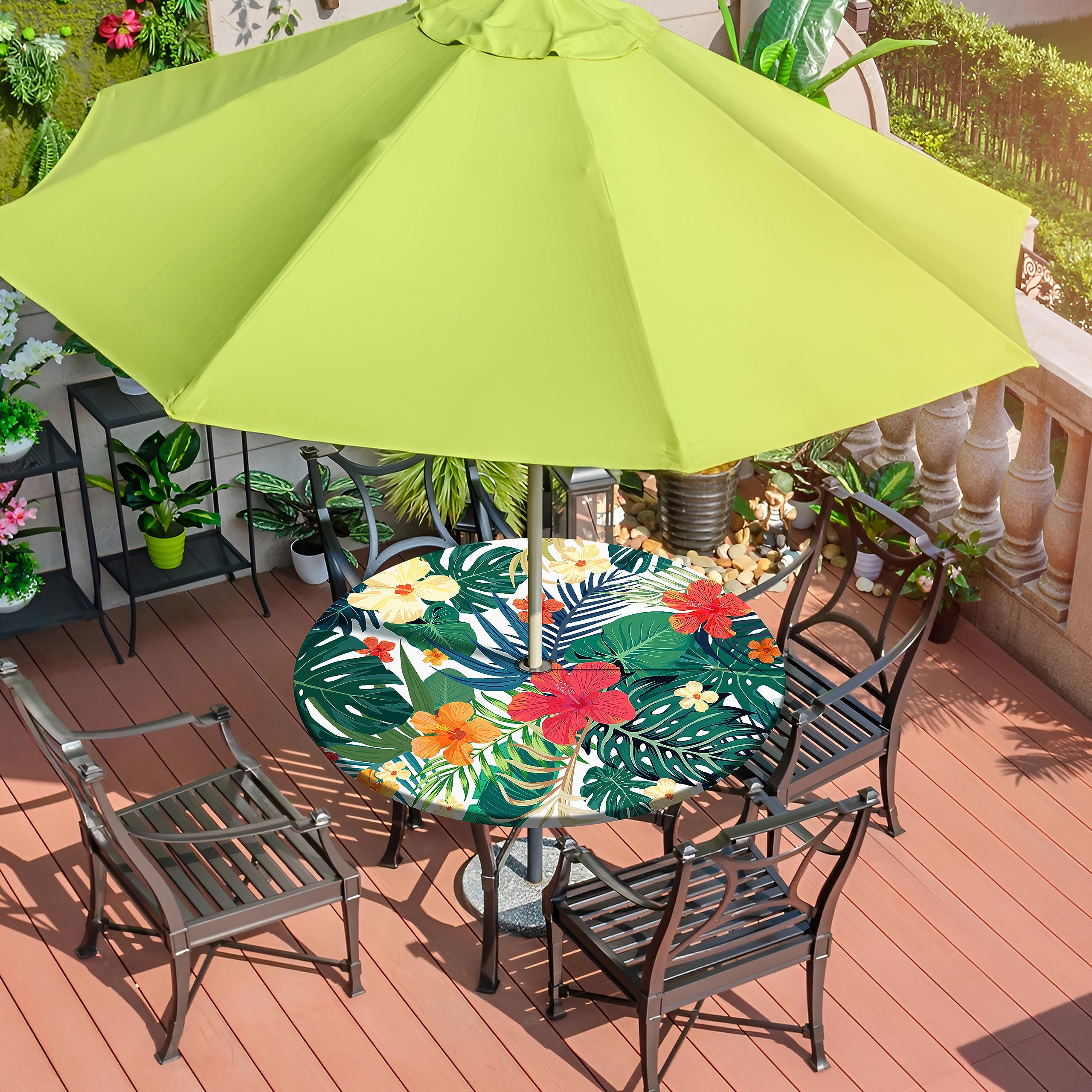 Waterproof Round Outdoor Tablecloth with Umbrella Hole - Elastic Zipper Fitted Table Cover for 36-44 Inch Patio Tables - Perfect for Picnic, BBQ, Garden Party & Backyard Dining
