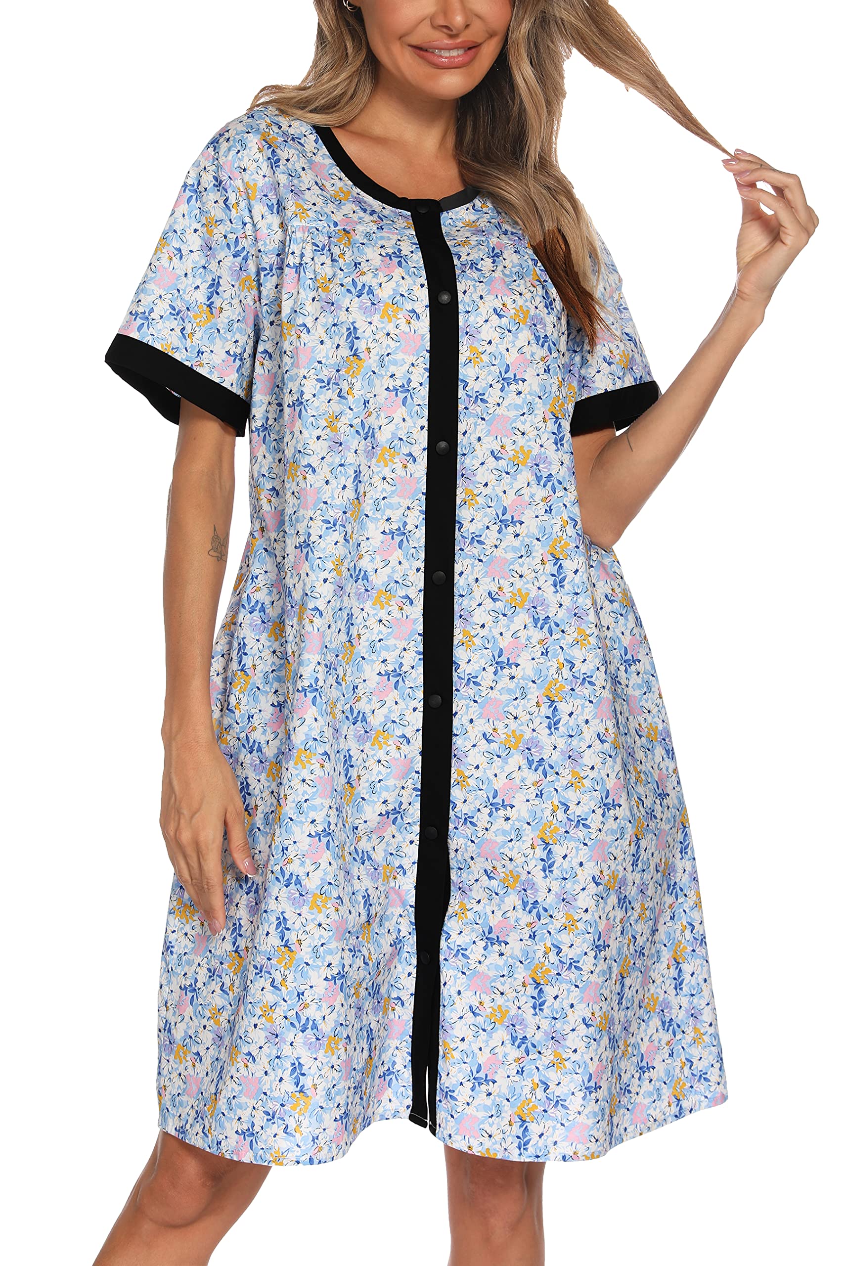 YOZLY Women's Short Sleeve House Dress with Pockets - Comfortable Home Robe, Duster & Nightgown for Lounge, Sleep & Relaxation