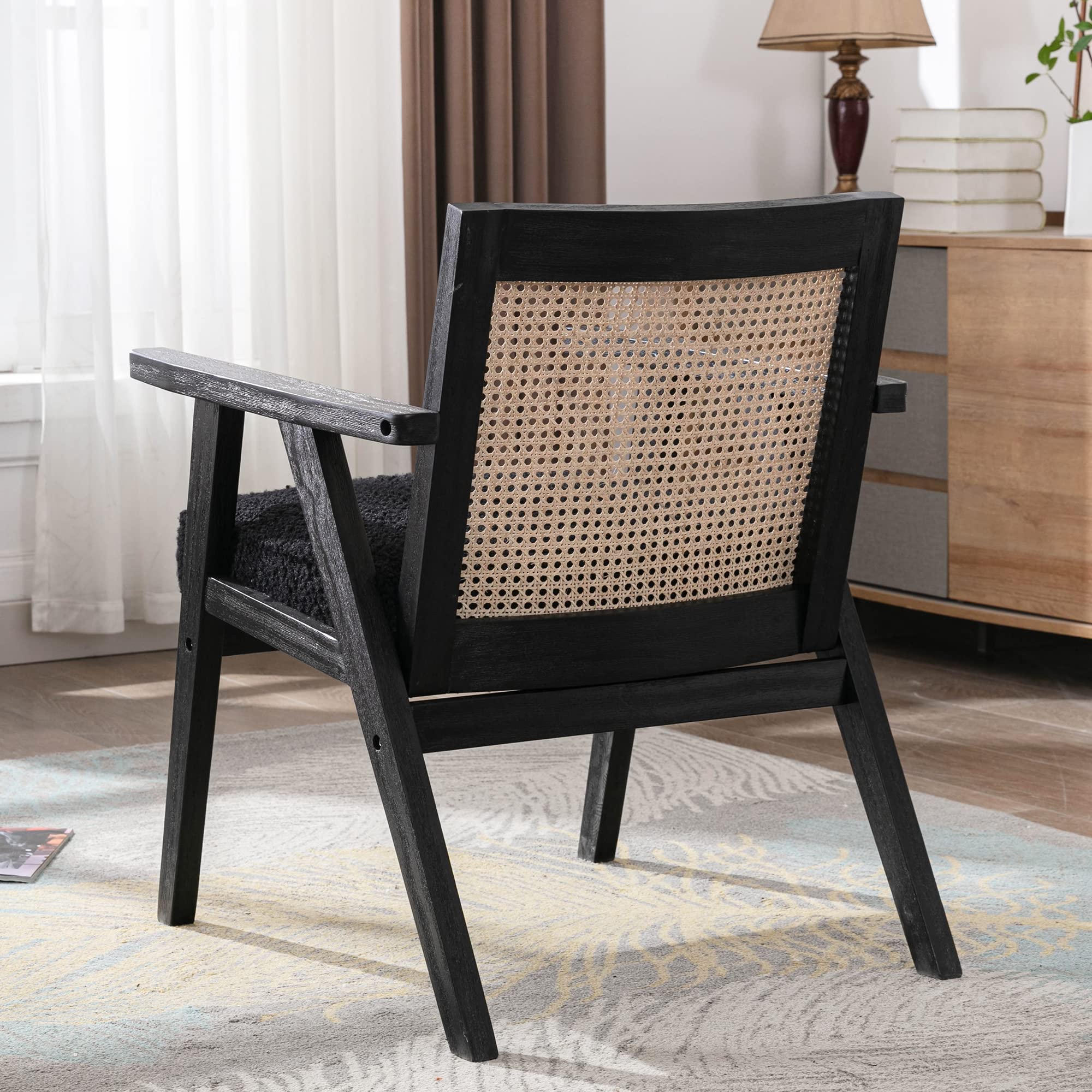 Modern Rattan Accent Chairs Set of 2 - Boho Style Cane Back Armchairs with Black Boucle Sherpa Upholstery, Oversized Cozy Reading Chairs with Wood Frame for Living Room, Bedroom, Nursery or Office - Perfect for Relaxing, Reading and Home Decor
