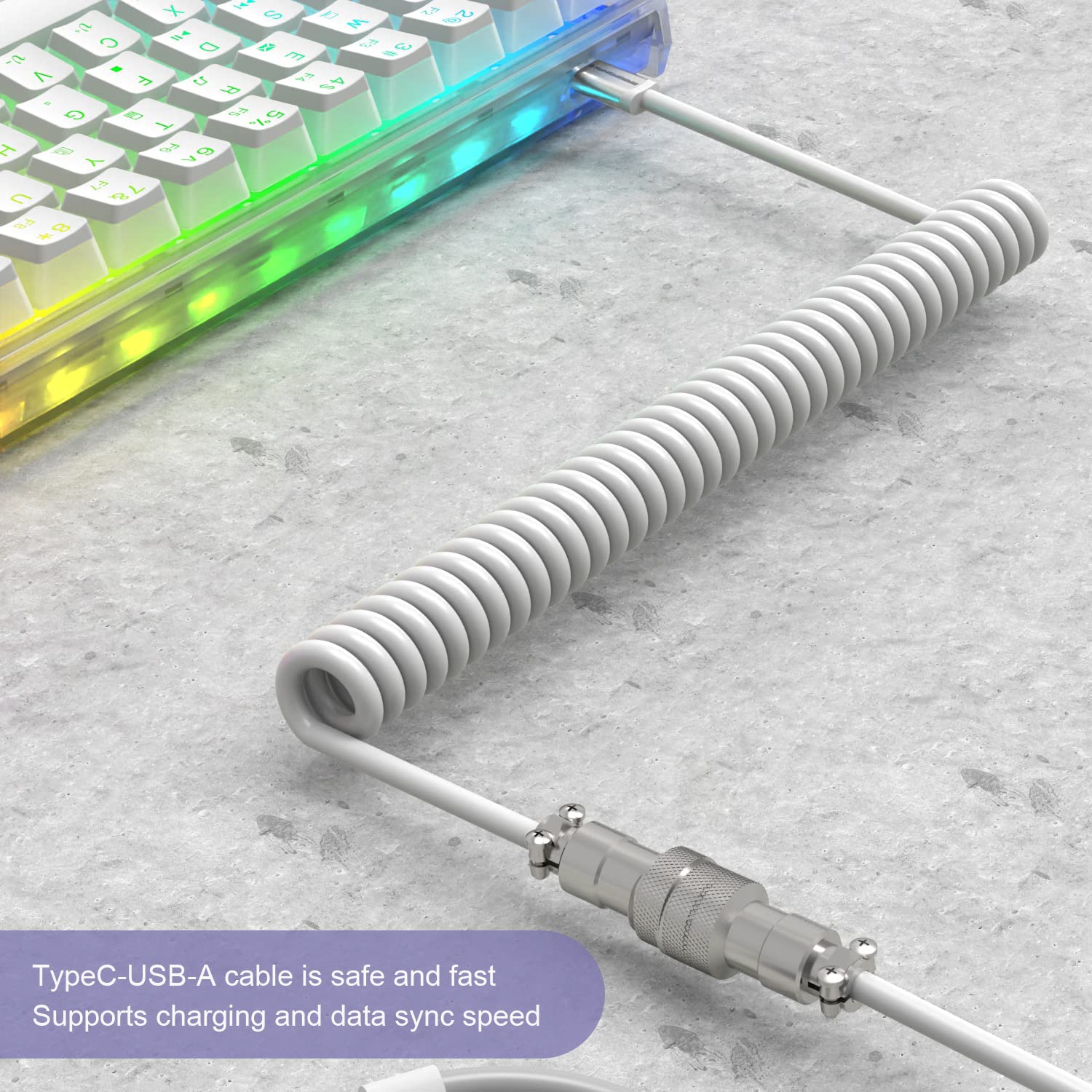 Custom Coiled USB C to A Cable with Detachable Extendable Double Sleeve - Silver Spiral Aviator Cable for PS4 PS5 Xbox Keyboard USB Flash Drive Printer (White) | Perfect for Gaming Setup & Office Accessories