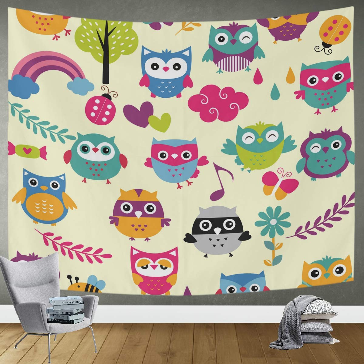 DOMIKING 60x51in Funny Colorful Owls Wall Hanging Tapestry - Bohemian Bedroom Decor, Living Room Wall Art, Office Blanket for Home & Dorm | Perfect for Boho Chic Style & Cozy Spaces