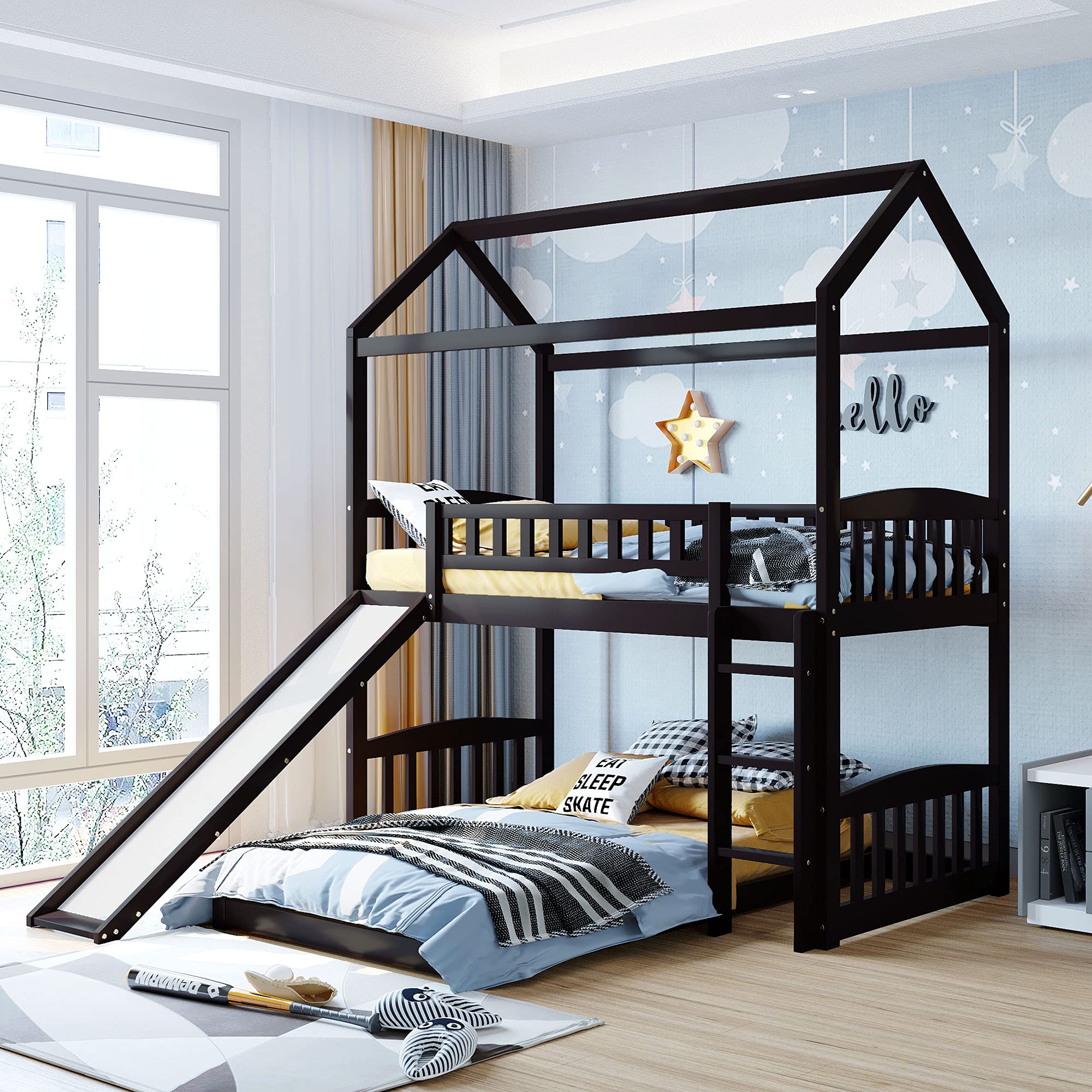 L-Shaped Floor Bunk Bed with Pitched Roof & Slide - Twin Over Twin Low Loft Bed for Kids, Boys & Girls - Sturdy House Bed Frame with Safety Guardrails & Ladder (Espresso Finish) - Perfect for Small Bedrooms, Playrooms & Kids' Sleepovers