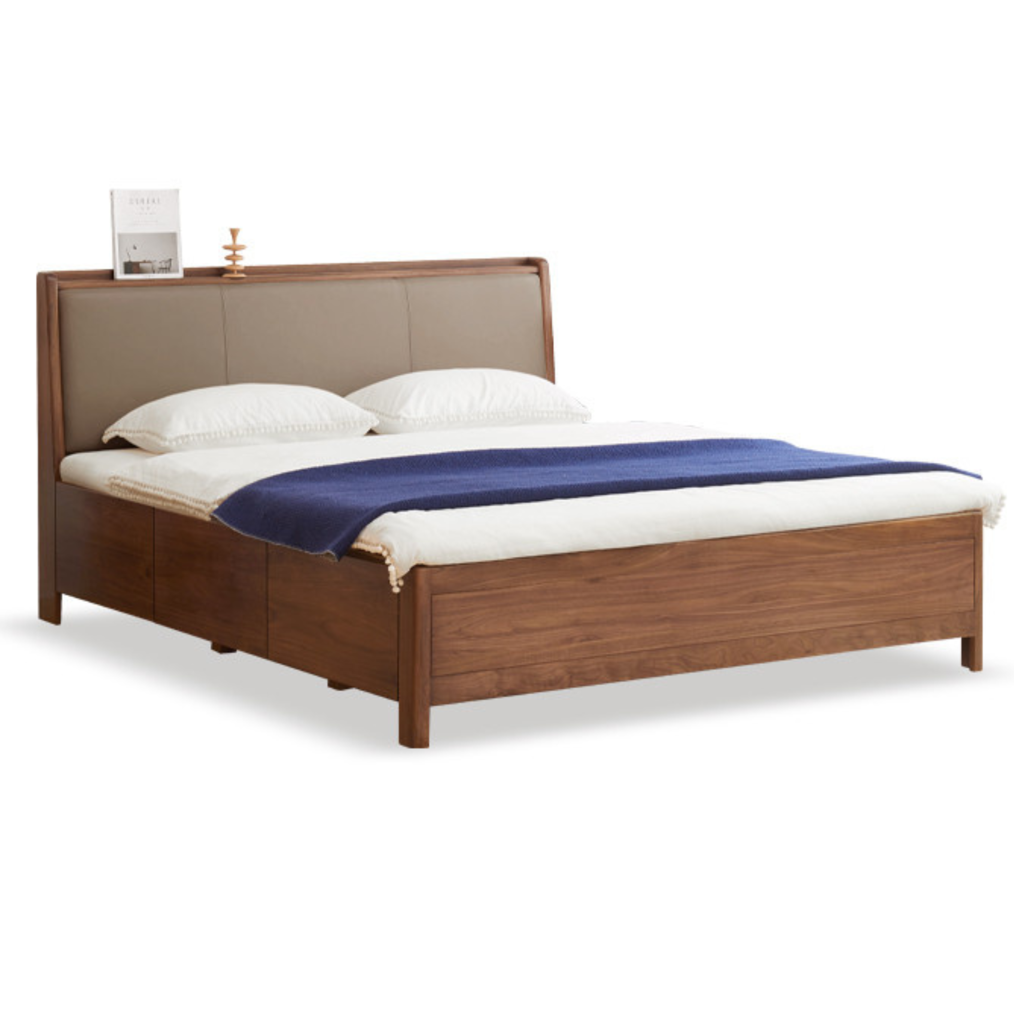 Solid Black Walnut Wood Leather-Upholstered Drawer Box Bed - Nordic Style Platform Bed with Storage for Modern Bedroom