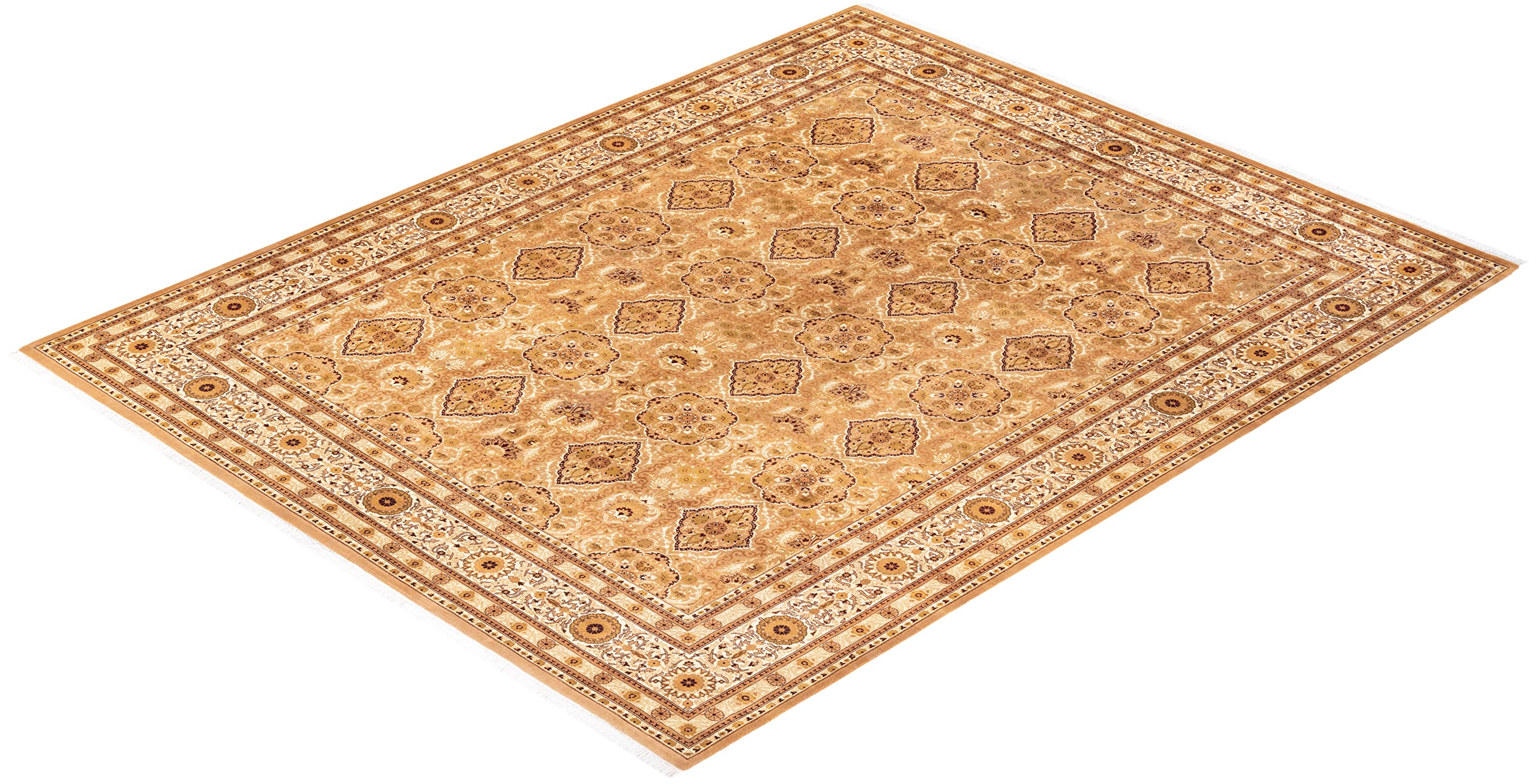 Handmade Wool Oriental Mogul Yellow 8x10 Area Rug - Traditional Hand-Knotted One-of-a-Kind Solo Rugs for Living Room, Bedroom & Home Decor