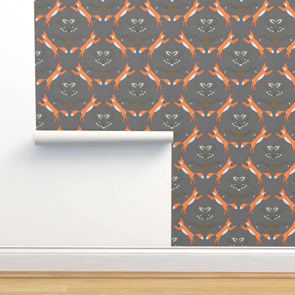 Peel & Stick Removable Wallpaper 12ft x 2ft - Orange Gray Fox Floral Spring Design | Self-Adhesive Wallpaper for Bedroom, Nursery, Office Decor | Easy DIY Home Improvement by Spoonflower