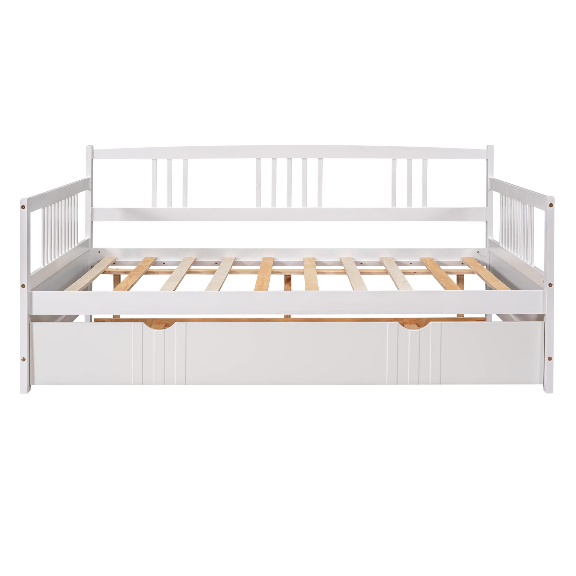 Triple Tree Full Size Wooden Daybed with Twin Trundle - Sturdy Wood Slat Support, No Box Spring Needed - Convertible Sofa Bed for Bedroom, Guest Room & Living Room - Perfect for Sleepovers, Small Spaces & Multi-Functional Furniture Needs (White)