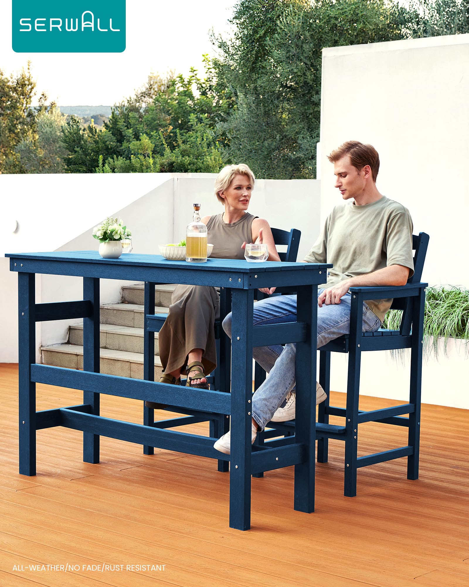 SERWALL 2-Piece Outdoor Bar Table and Chairs Set - All-Weather HDPE Patio Furniture for Backyard, Poolside, Garden - Blue Adirondack Bar Height Set | Perfect for Outdoor Entertaining, Lounging by the Pool, and Relaxing in Your Garden