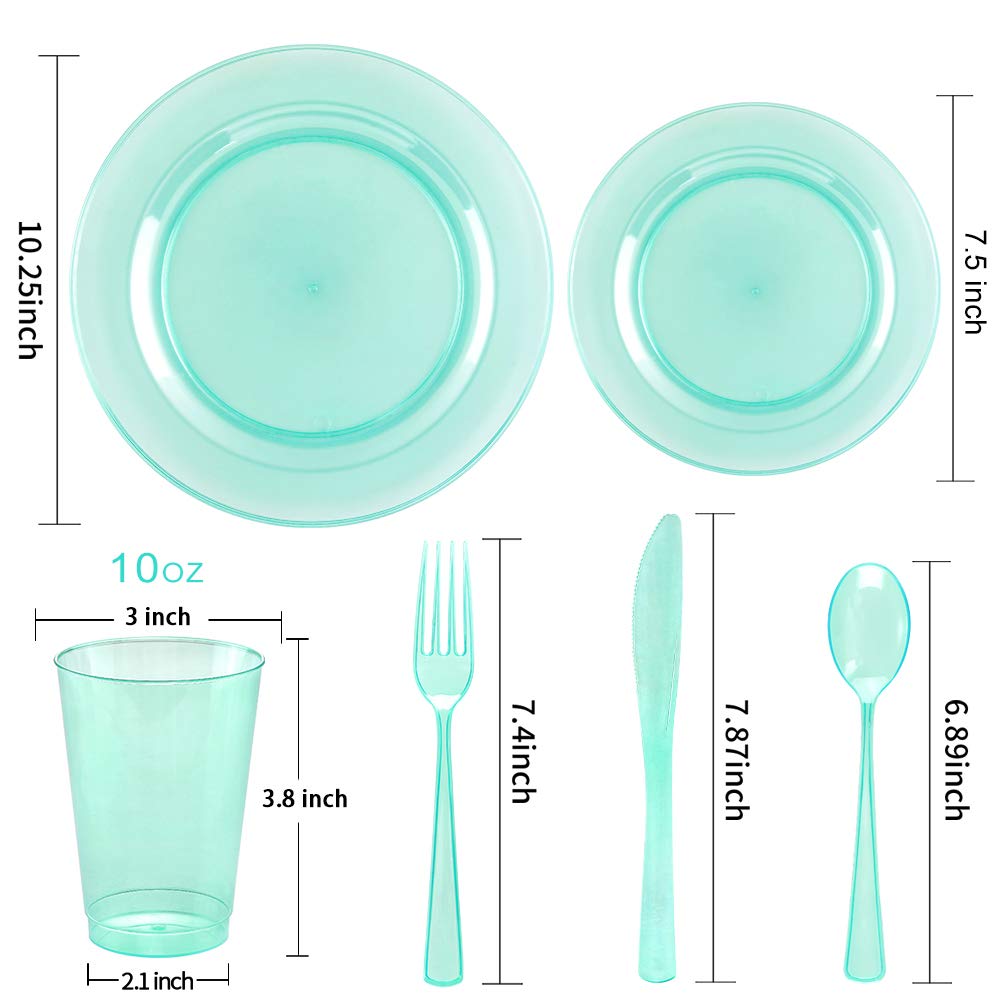 25-Piece Disposable Green Plastic Dinnerware Set - 25 Dinner Plates, 25 Salad Plates, 25 Forks, 25 Knives, 25 Spoons & 25 Clear Green Cups - Eco-Friendly Party Tableware for Easter, Birthday, Picnic & Outdoor Events