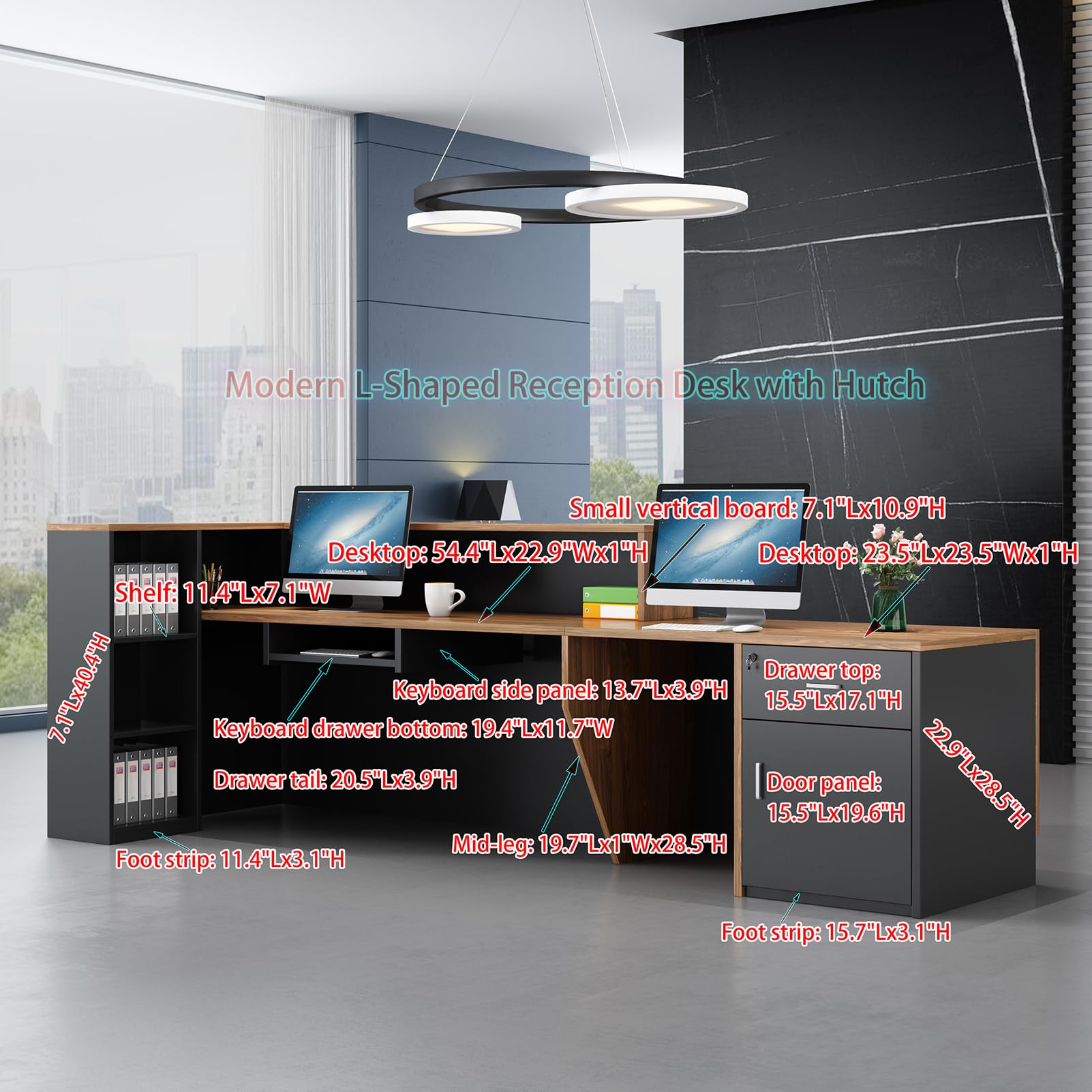 Modern L-Shaped Reception Desk - Large Wooden Commercial Receptionist Desk with Counter, Lockable Drawers & Cabinet - Office Front Desk for Corporate, Hotel, Clinic & Business Lobby (110.24
