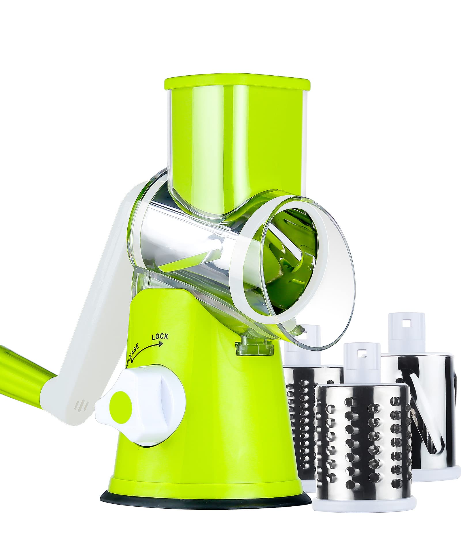 Premium Rotary Cheese Grater Shredder - 3 Interchangeable Blades for Cheese, Nuts, Carrots, Potatoes & More | Manual Round Mandolin Slicer with Safety Guard | Ideal for Kitchen, Camping & Meal Prep (Green)