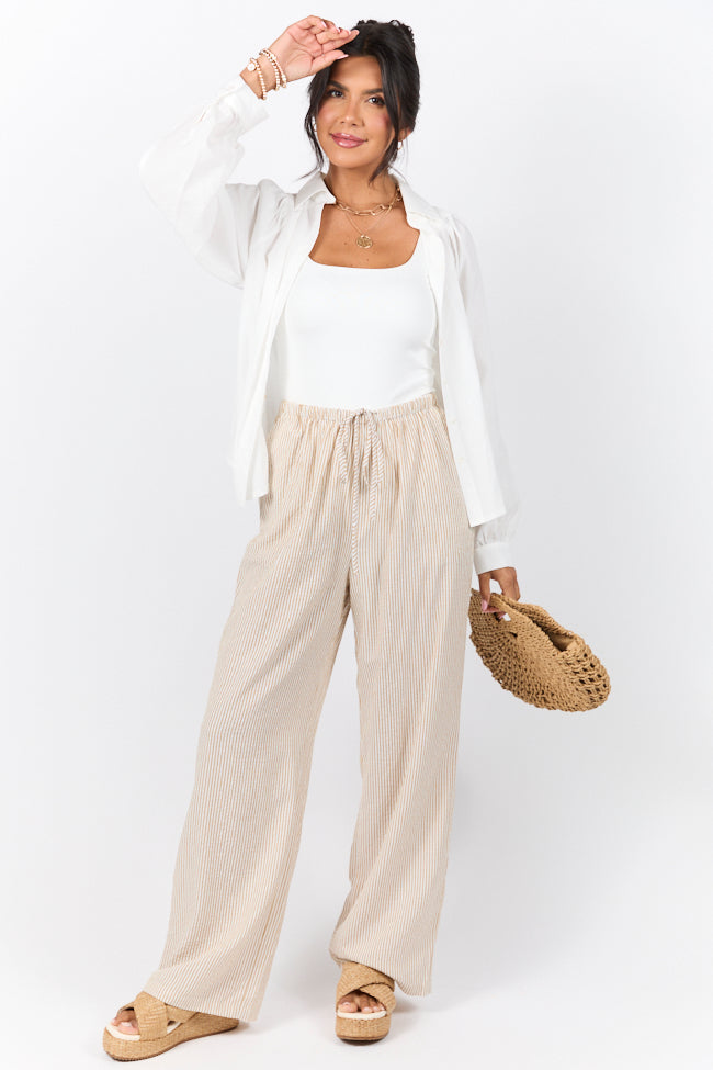 Bright Mornings Taupe and Ivory Striped Pull-On Pants for Women - Comfortable Elastic Waist Lounge Pants - Perfect for Yoga, Home Wear & Relaxation