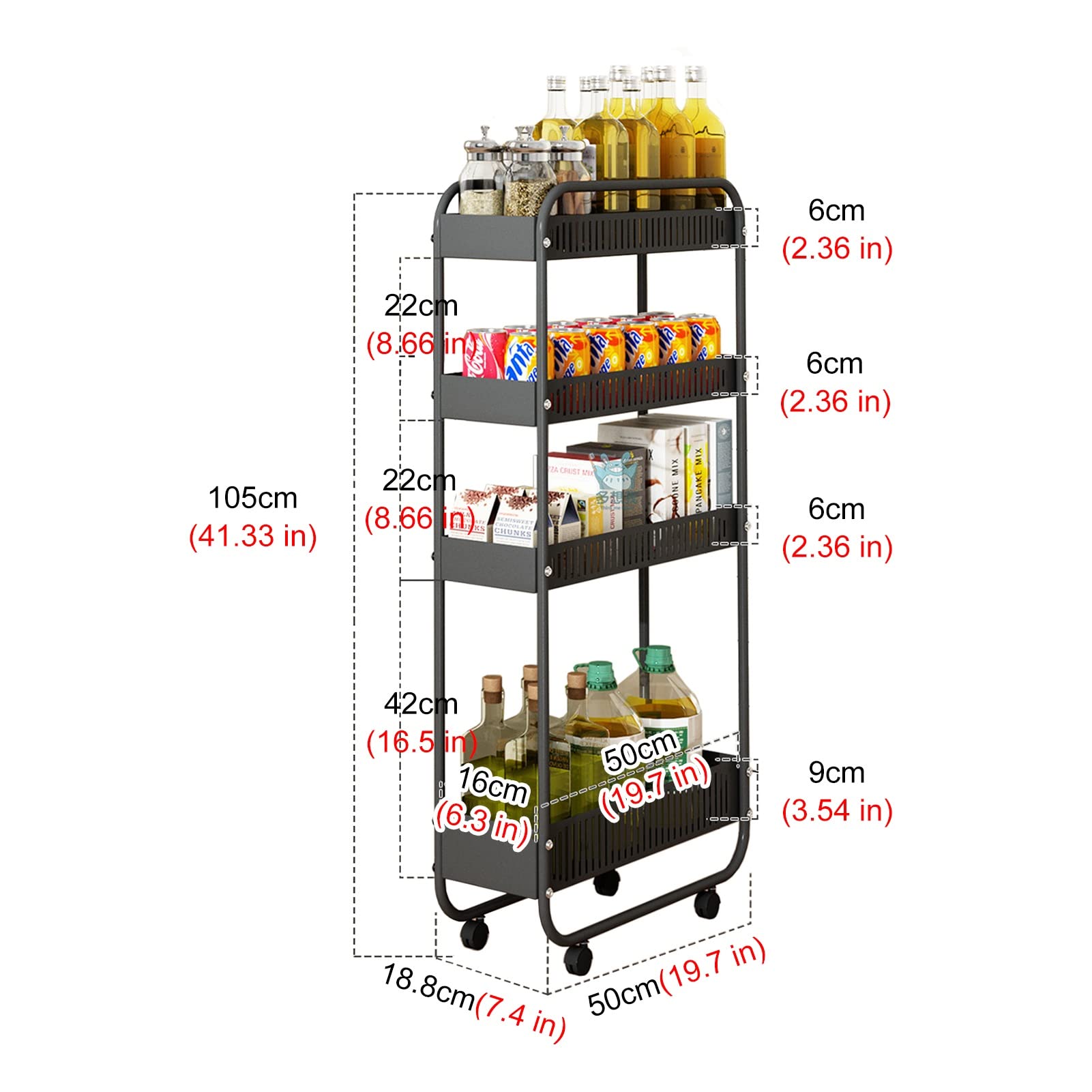 Heavy Duty Kitchen Utility Cart with Wheels, Narrow Black Standing Shelf Unit for Home Pantry & Small Spaces, Slim Rolling Storage Rack - Perfect for Compact Kitchens, Dorm Rooms & Apartment Living