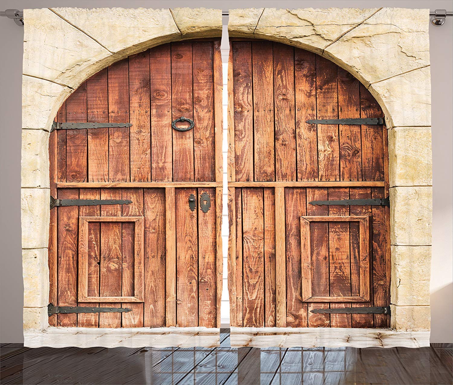 Futuregrace Rustic Blackout Curtains - Handmade Traditional Oak Doorway & Stone Facade Design, Darkening Drapery Panels (104