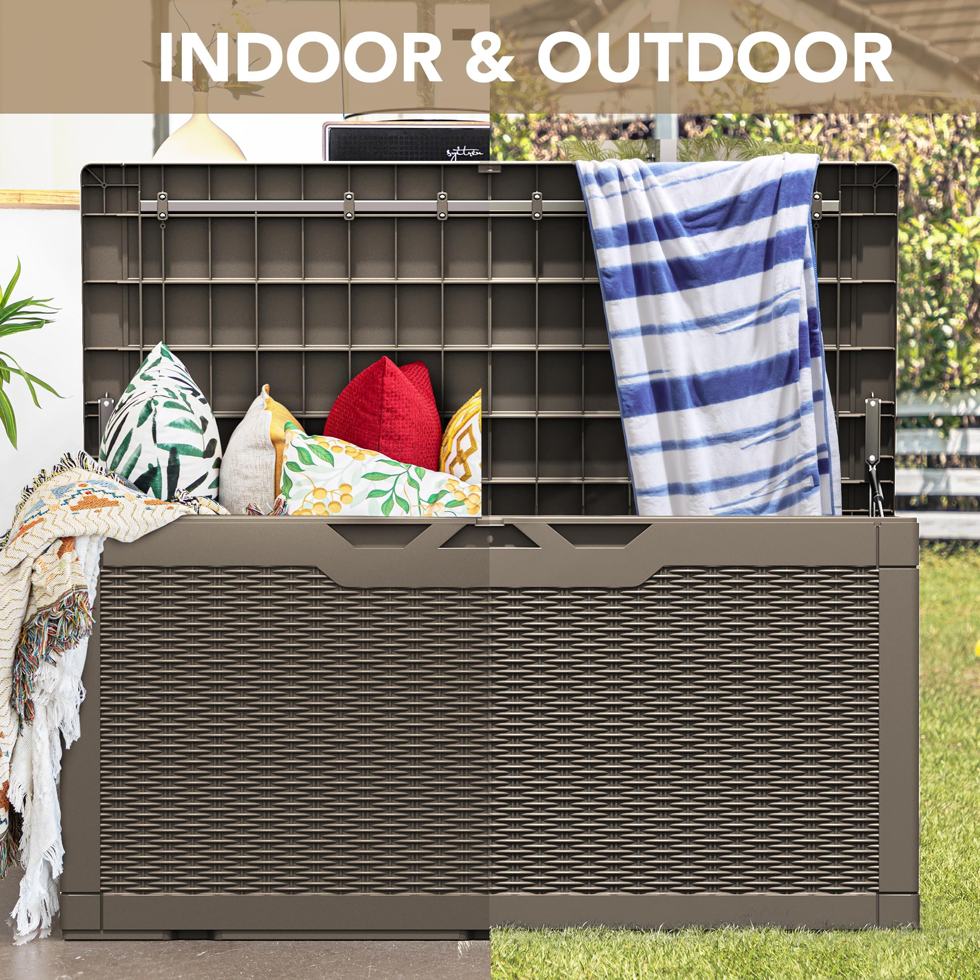 **Devoko 100 Gallon Waterproof Resin Deck Storage Box – Outdoor & Indoor Lockable Container for Patio Furniture Cushions, Garden Tools, Pool Accessories (Light Brown) – Perfect for Backyard, Deck, and Garage Organization**