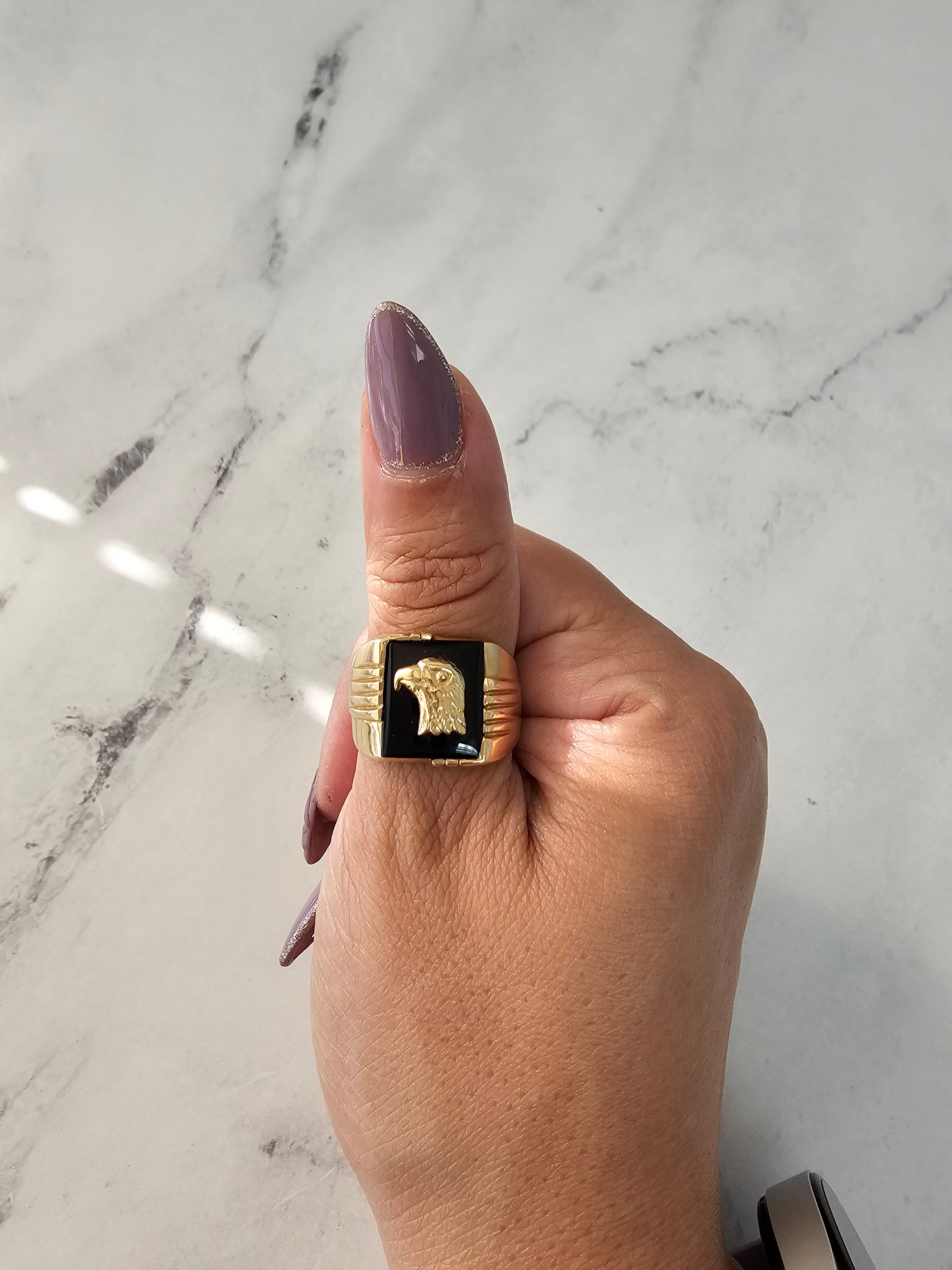 14K Yellow Gold Eagle Head Onyx Ring for Men - Stylish Statement Jewelry for Casual Wear, Gifts & Special Occasions