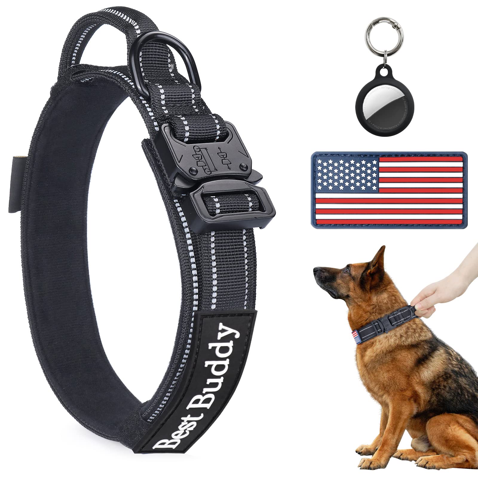 **AUBELL Reflective Tactical Dog Collar - Adjustable Military-Grade K9 Collar with Handle & Quick-Release Buckle for Medium Dogs | Includes AirTag Case & 2 Patches (Black, M) | Perfect for Night Walks, Training & Outdoor Adventures**