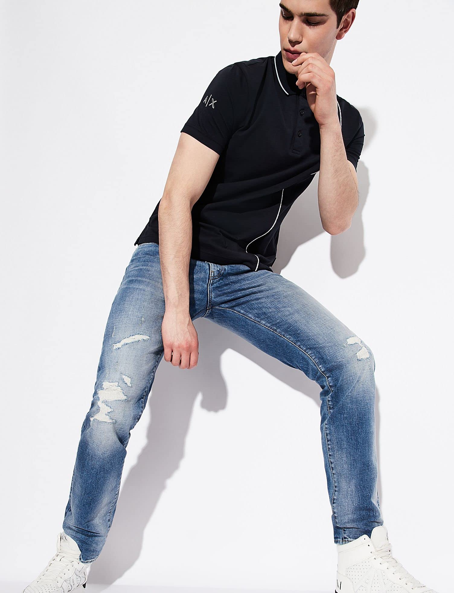 Armani Exchange Men's Slim Fit Medium Wash Denim Jeans with Patch & Repair Details | Casual Wear & Night Out Outfits