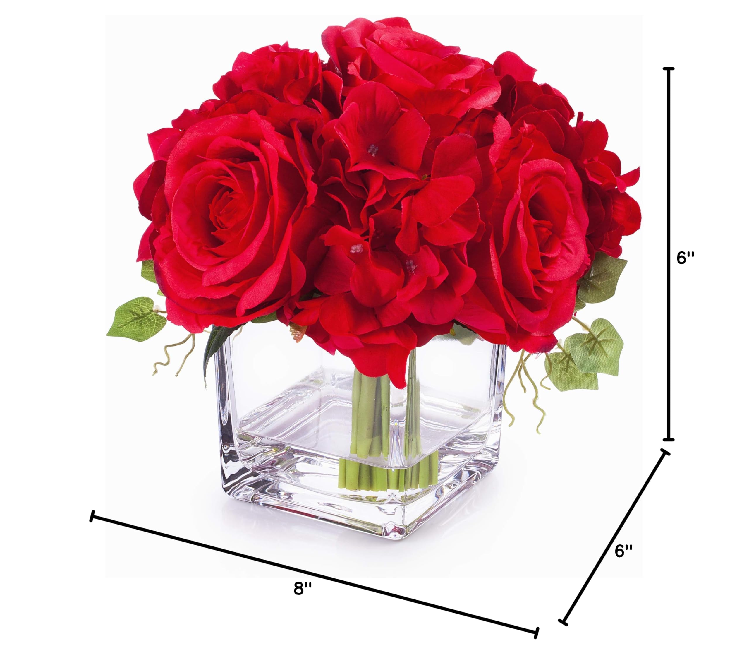 ENOVA HOME Artificial Silk Rose Hydrangea Flowers in Cube Glass Vase - Red Floral Arrangement for Wedding, Home, Office Decor | Perfect for Centerpieces, Table Decorations & Gift Ideas