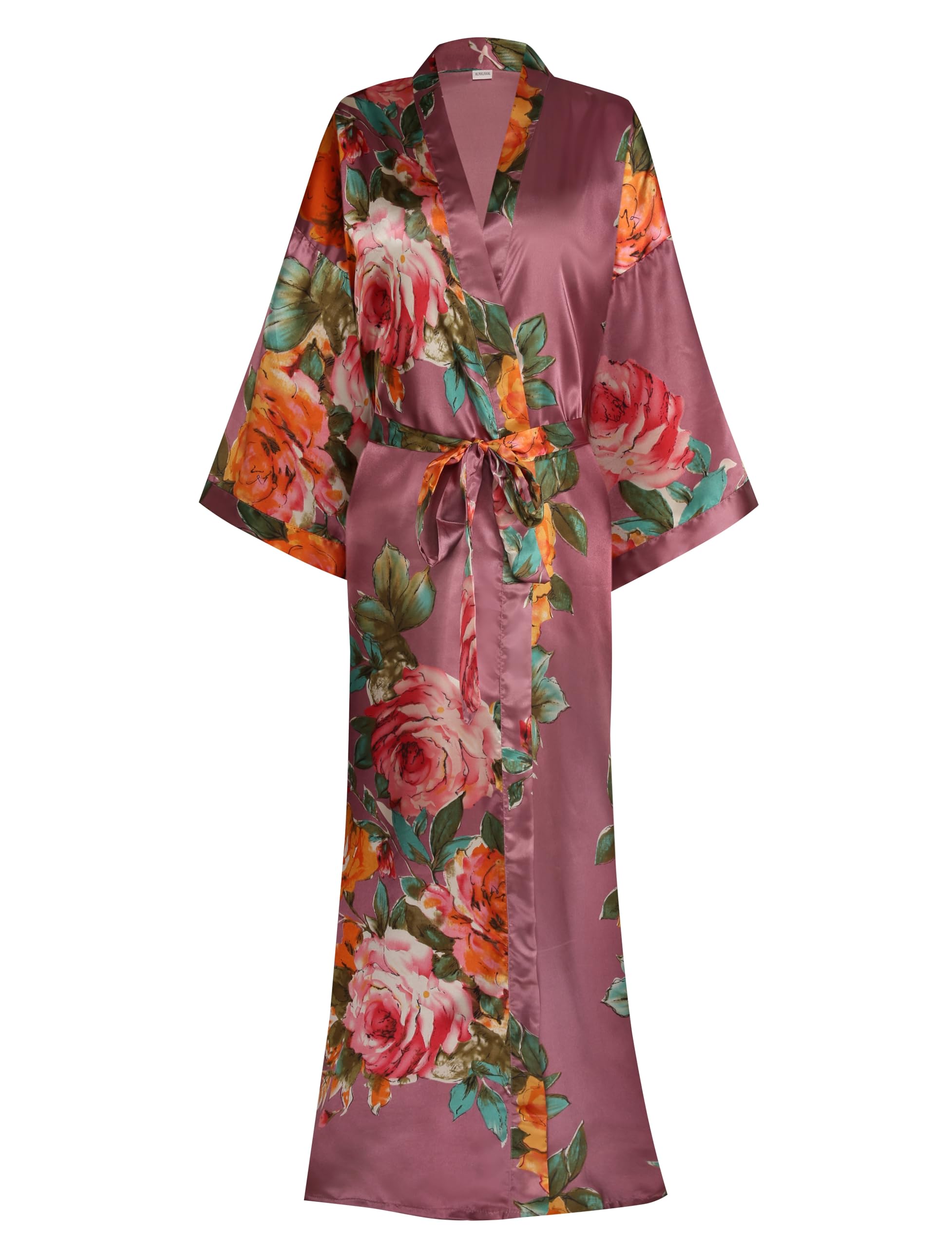 Women's Floral Silk Kimono Robe - Long Satin Bridesmaid & Wedding Party Robe - Elegant Loungewear & Bridal Dressing Gown for Spa, Honeymoon & Relaxation at Home