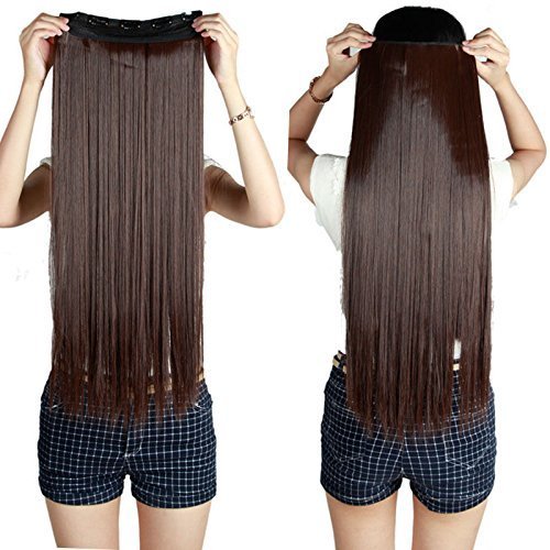 Premium Clip-in Synthetic Hair Extensions for Women - 20-24 Inch Straight Dark Brown Human-Like Fibers (5 Clips) | Voluminous & Natural Look for Daily Wear, Parties & Special Occasions