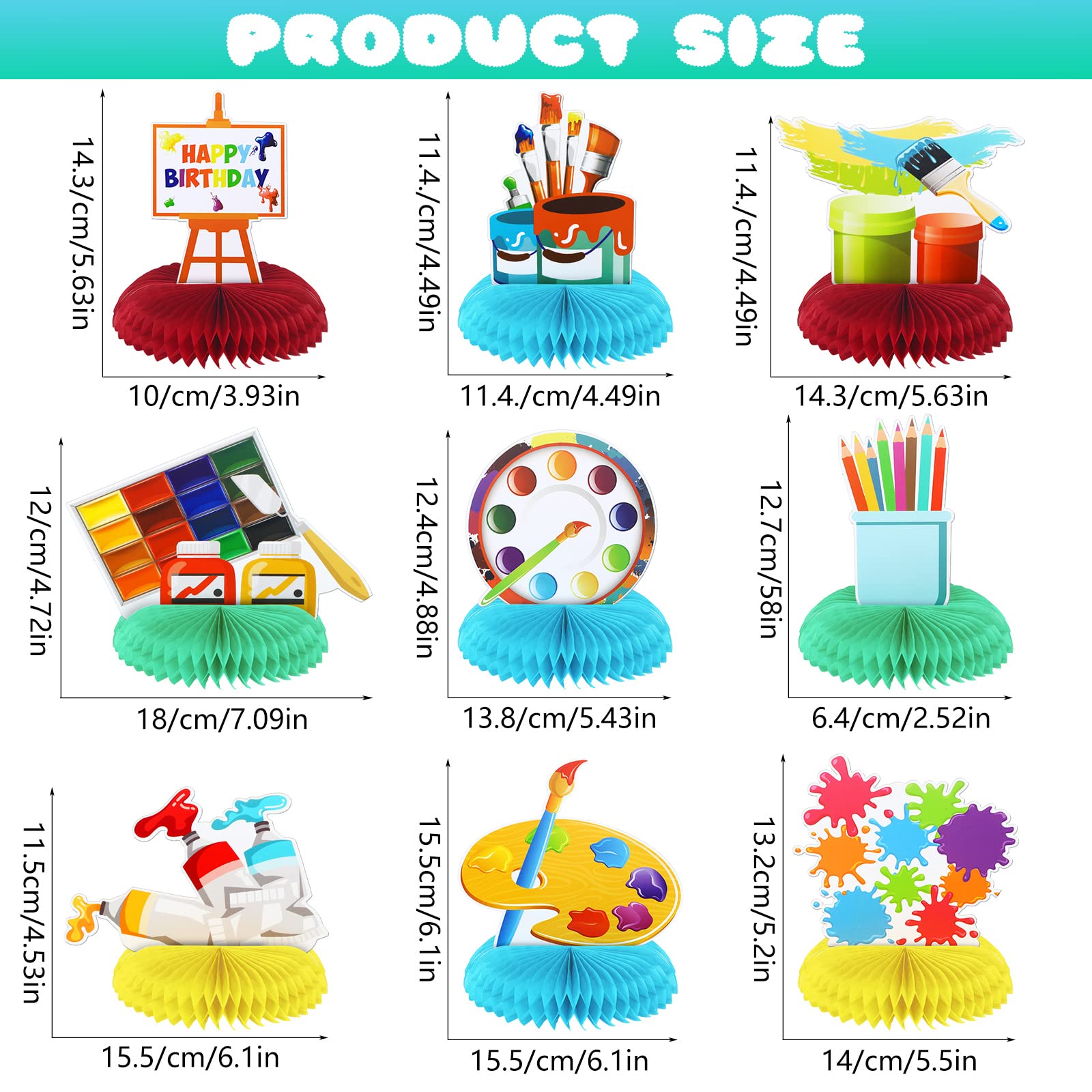 9-Piece Paint Party Decorations Set - Honeycomb Centerpieces & Photo Booth Props for Art Birthday, Sip and Paint Party Supplies (Perfect for DIY Art Parties, Baby Showers & Creative Events)