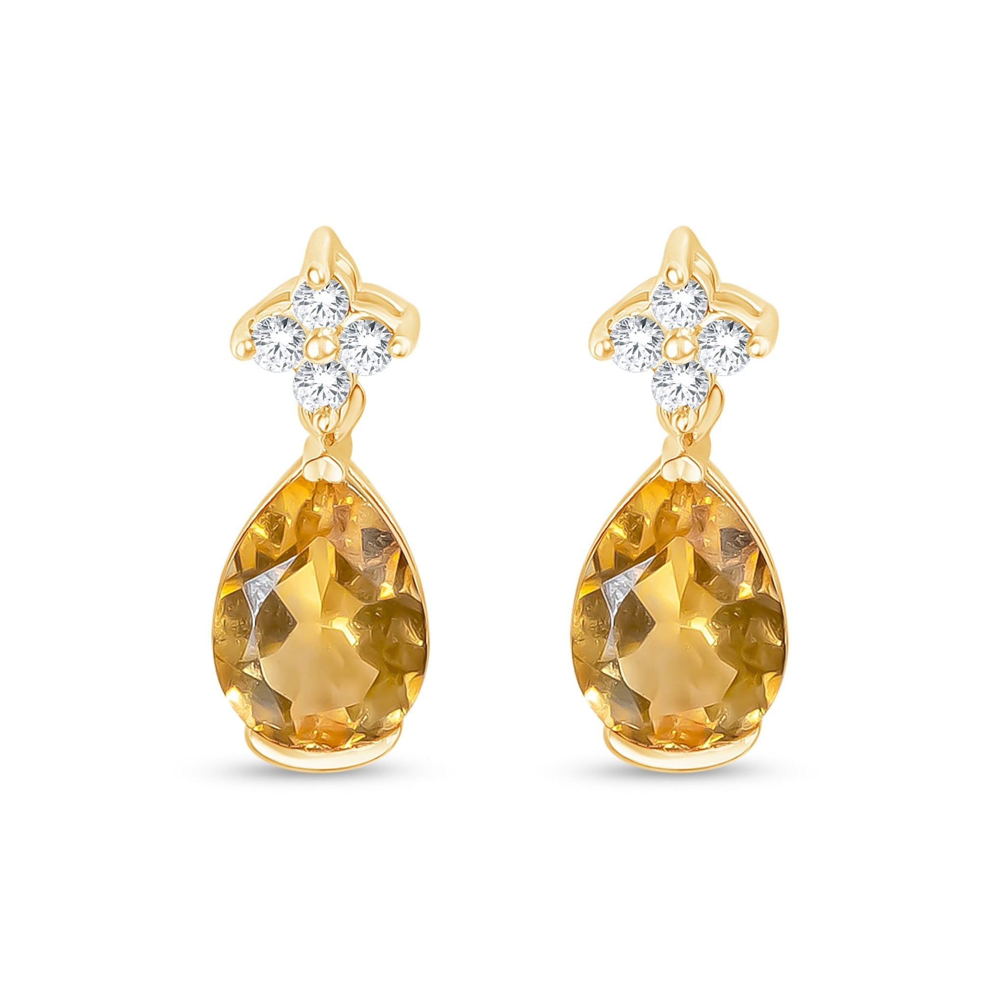 10k Yellow Gold Sapphire Clover & Citrine Drop Stud Earrings - Elegant Dainty Jewelry for Women, Perfect for Everyday Wear, Gift Giving & Special Occasions
