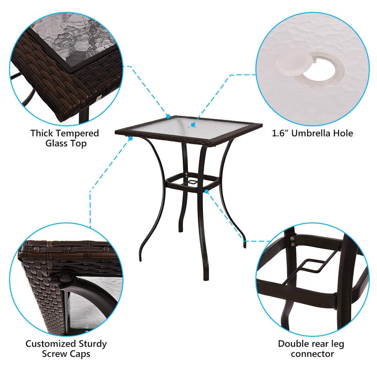 Rattan Bar Square Table with Glass Top & Steel Frame - Outdoor Bistro Table for Patio, Garden, Backyard - Perfect for Dining, Entertaining & Relaxing