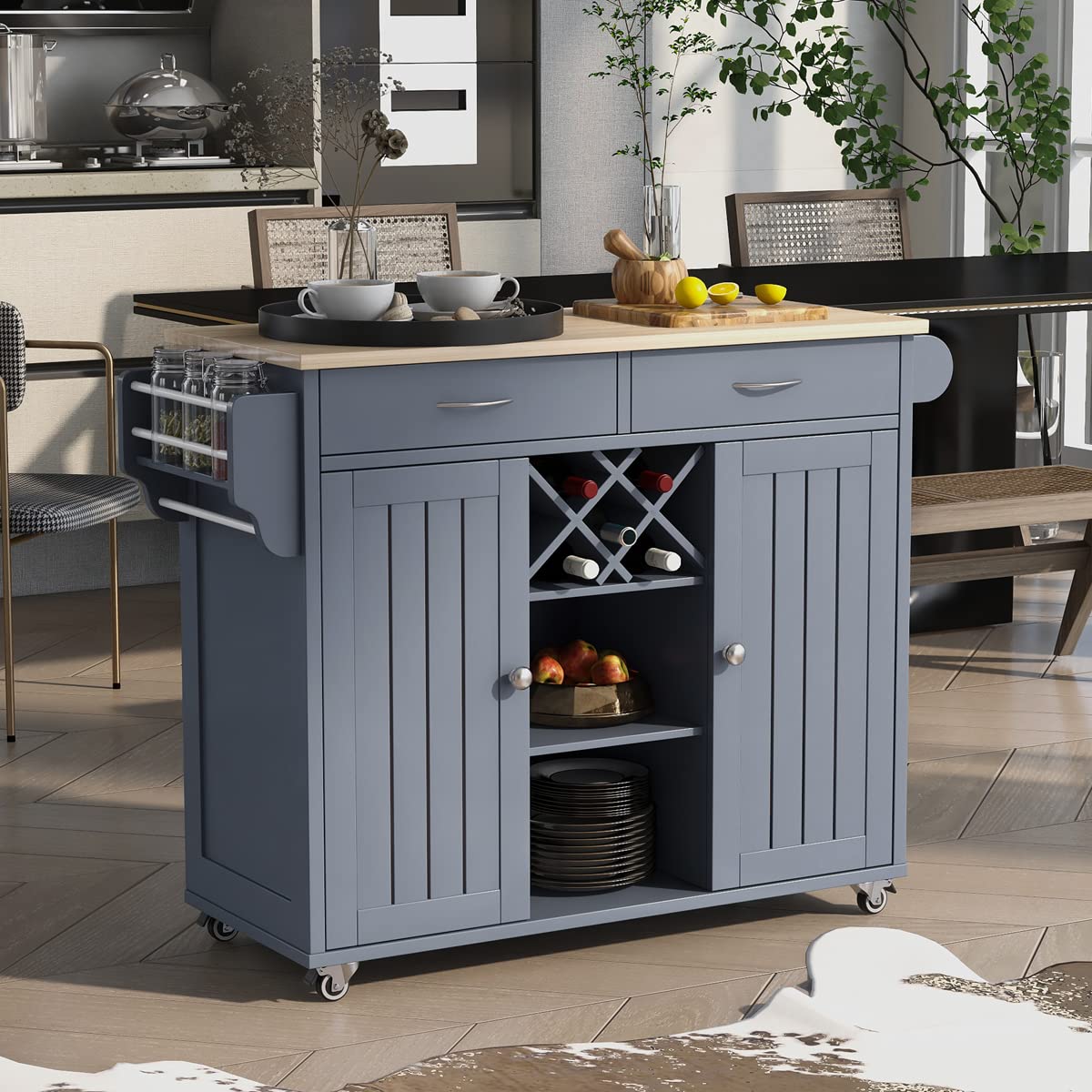 Teeker Kitchen Island Cart with 2 Storage Cabinets, 4 Locking Wheels, Wine Rack, 2 Drawers & Spice Rack - Mobile Kitchen Organizer for Small Spaces, Dining Room & Apartment (Blue)