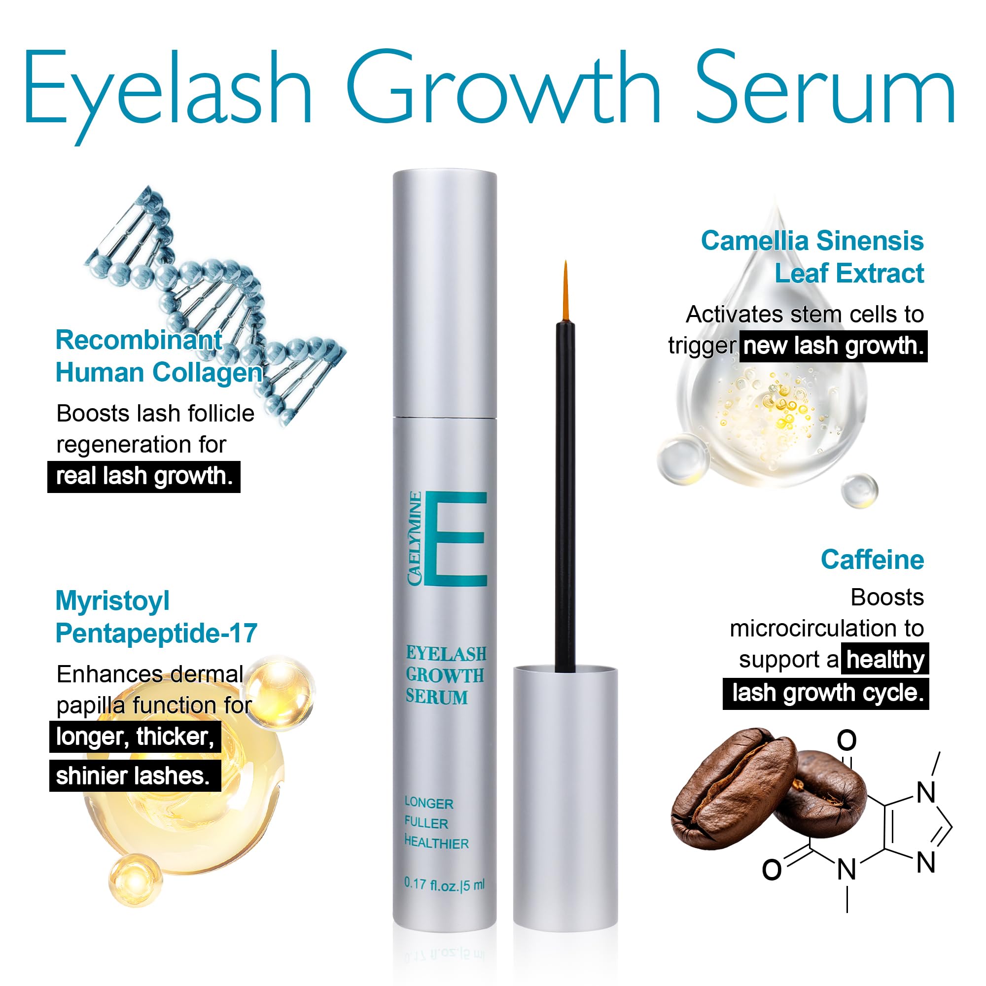Natural Eyelash Growth Serum (0.17fl.oz/5ml) - Premium Lash Enhancer for Longer, Thicker, Fuller Lashes - Strengthens & Conditions - Safe Effective Formula with Visible Results in 2 Weeks - Perfect for Daily Use, Special Occasions & Lash Care Routine