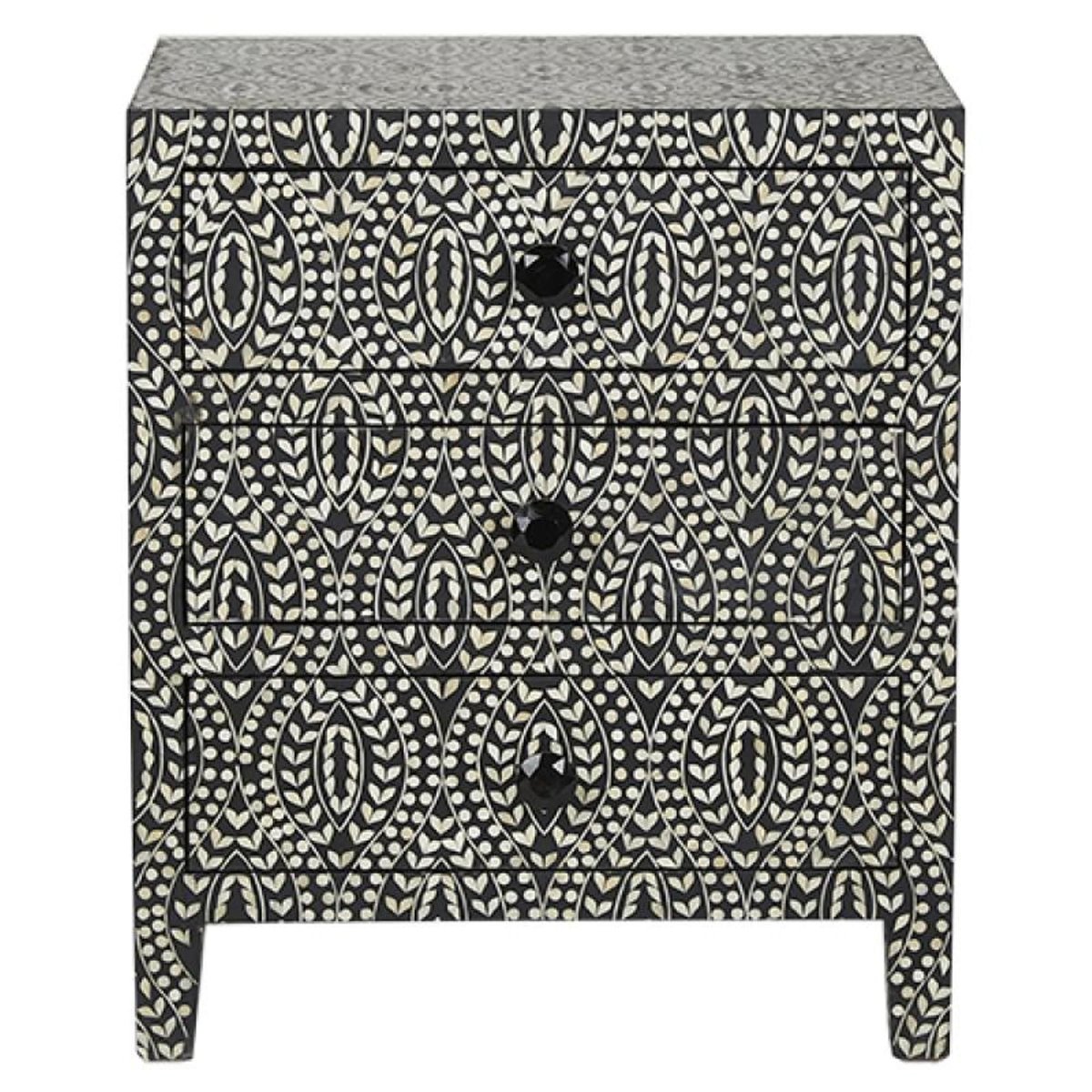 Handmade Bone Inlay Motif Design Black Bedside Table - Vintage Boho Nightstand for Bedroom Decor & Small Space Furniture