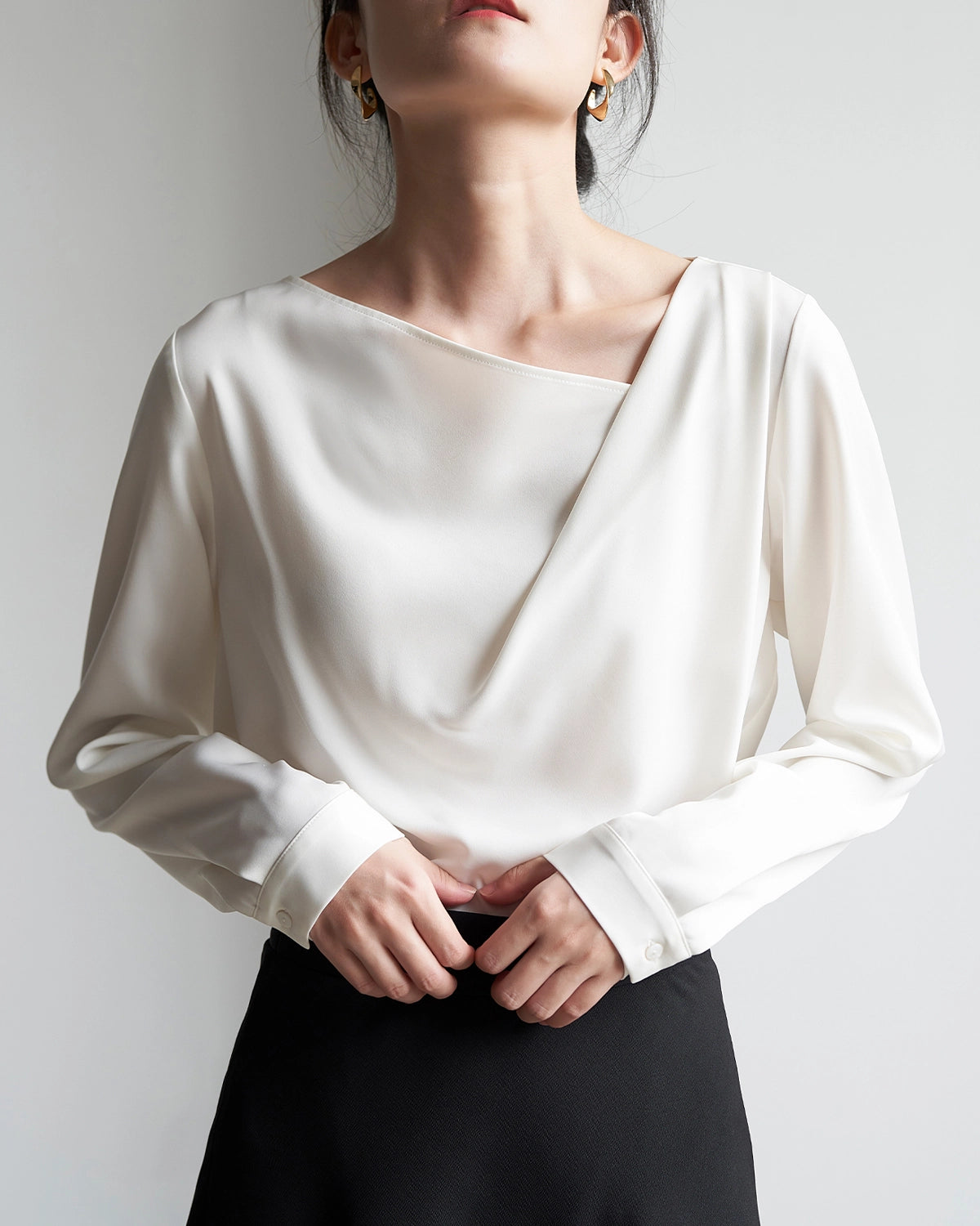Elegant Women's Asymmetrical Neck Silk Blouse - Soft & Luxurious Satin Shirt for Work, Party & Special Occasions