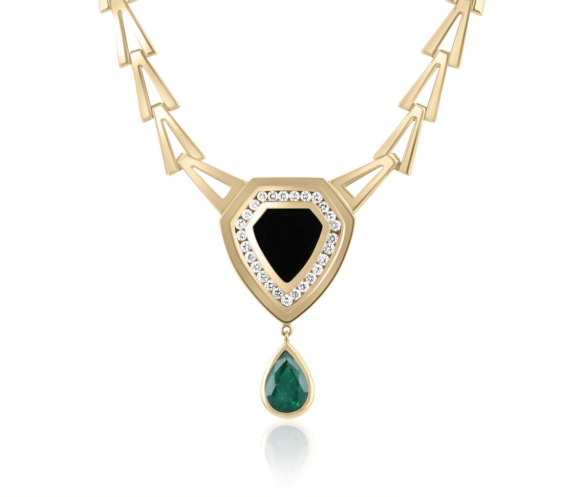 8.04tcw Solid 14K Yellow Gold Natural Dark Green Emerald Diamond & Onyx Necklace - Elegant Jewelry for Women, Perfect for Weddings, Anniversaries & Special Occasions