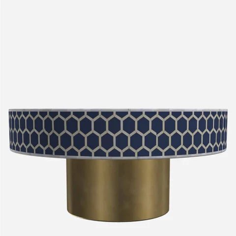 Handmade Navy Blue Bone Inlay Coffee Table with Brass Base - Modern Boho Living Room Furniture for Home Decor & Interior Design