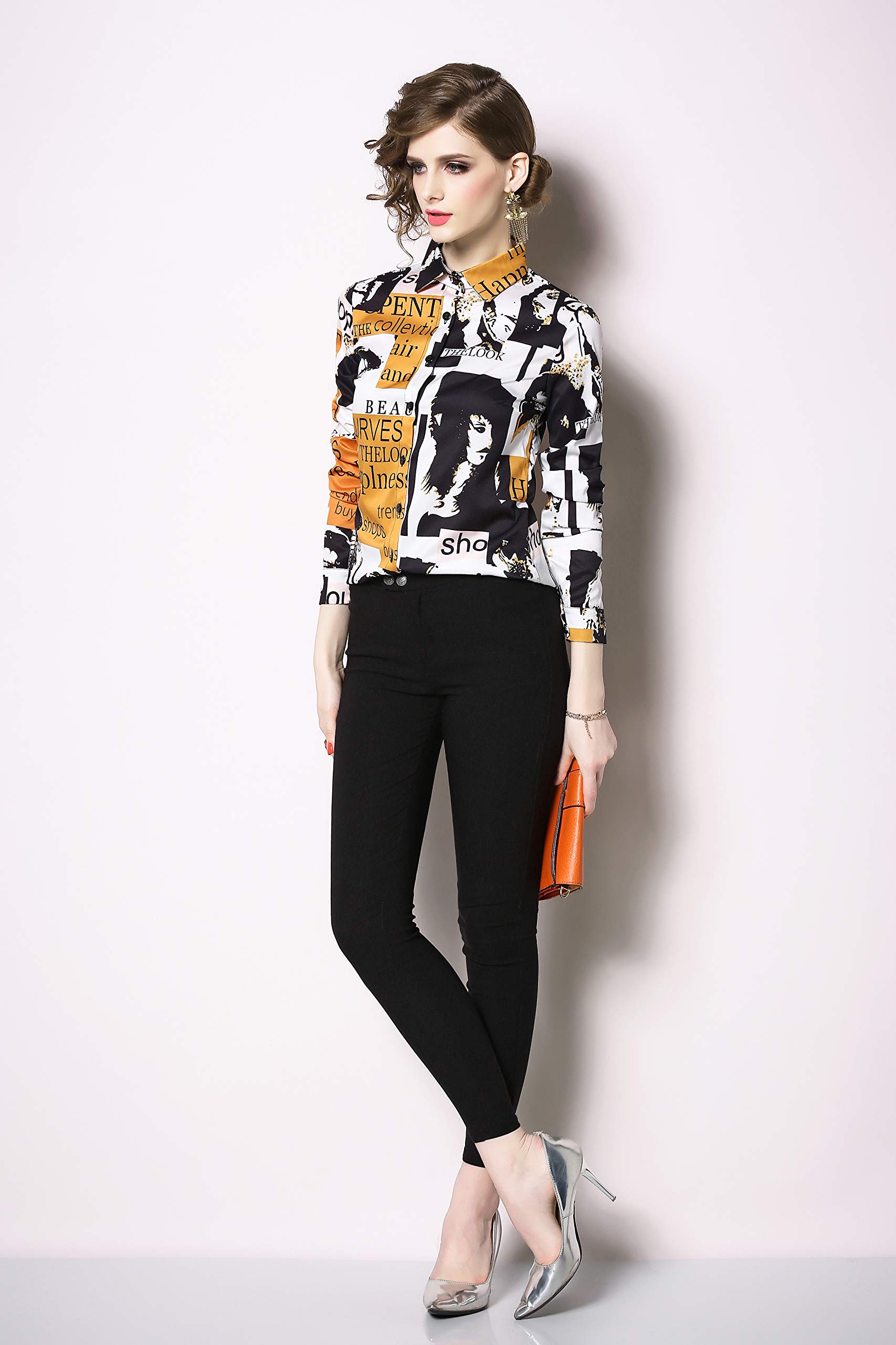 Women's Stylish Letter Print Long Sleeve Button-Up Blouse with Collar - Perfect for Office Wear, Casual Outfits & Everyday Fashion