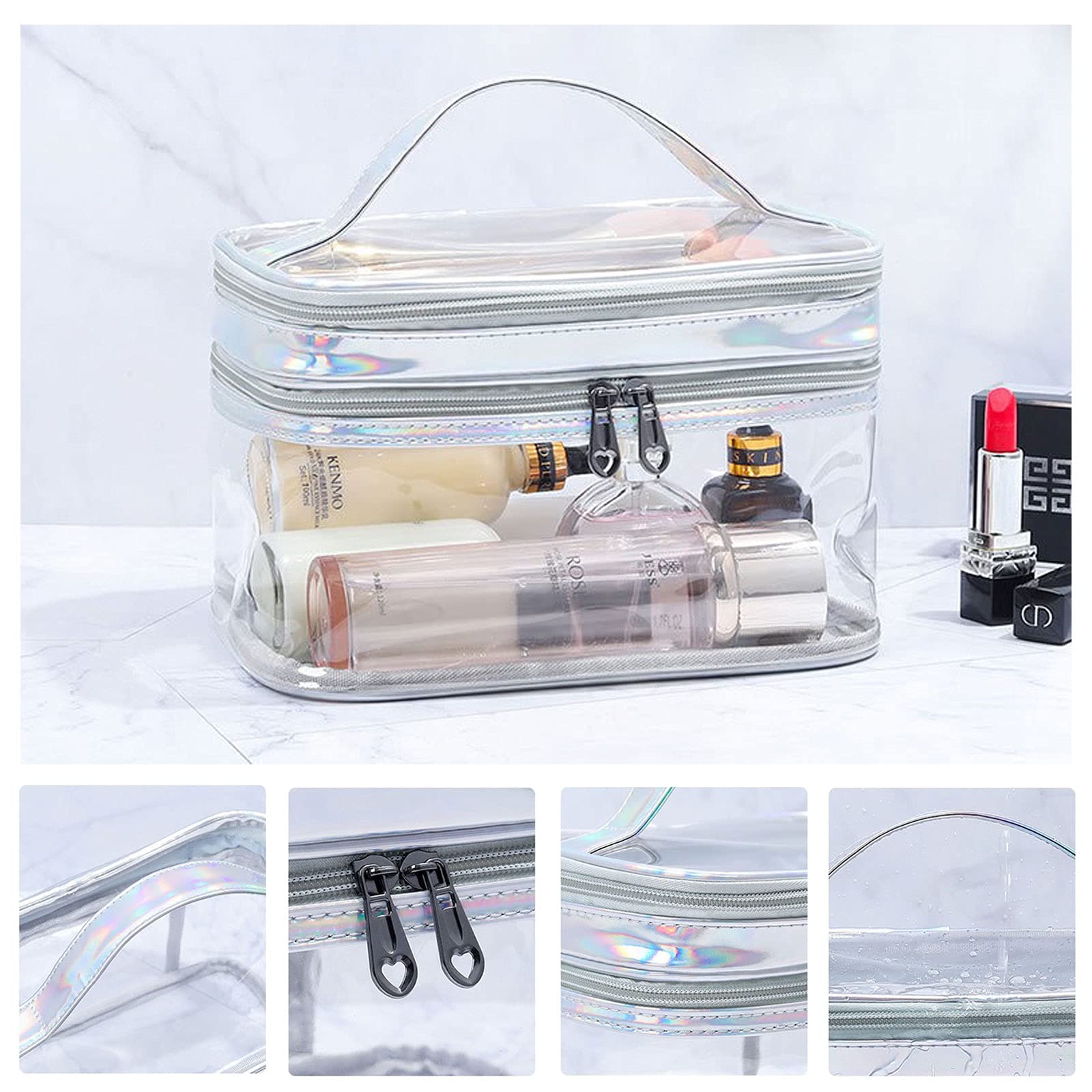 Clear Cosmetic Bag Dual Layer Travel Toiletry Organizer - Waterproof Makeup Brush Holder for Women | Perfect for Travel, Gym & Daily Essentials Storage