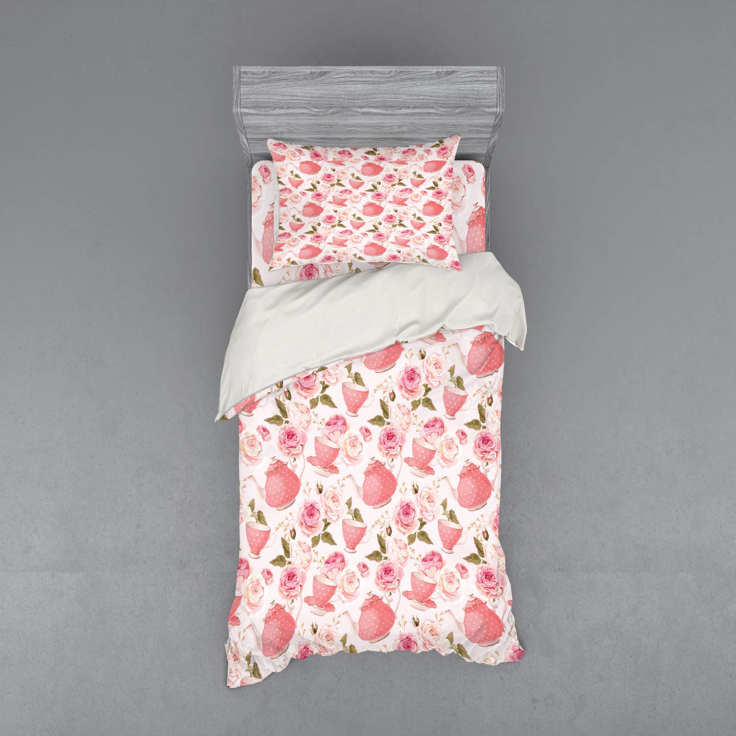Ambesonne Floral Duvet Cover Set - Vintage Rose Tea Cup Design 3-Piece Bedding (Twin XL) in Pale Pink & Fern Green | Romantic Shabby Chic Style for Master Bedroom & Guest Room Decor
