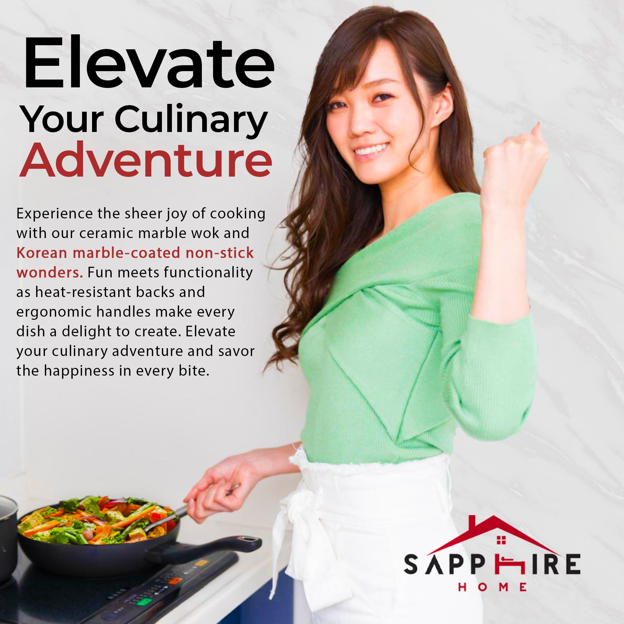 Premium 9-Layer Nonstick Ceramic Wok - 11 Inch Korean Marble-Coated Frying Pan | Induction Ready Cast Aluminum Cookware for Saute, Stir-Fry, Eggs & Fried Rice | Easy to Clean & Durable | Perfect for Home Kitchen, Asian Cooking & Healthy Meals