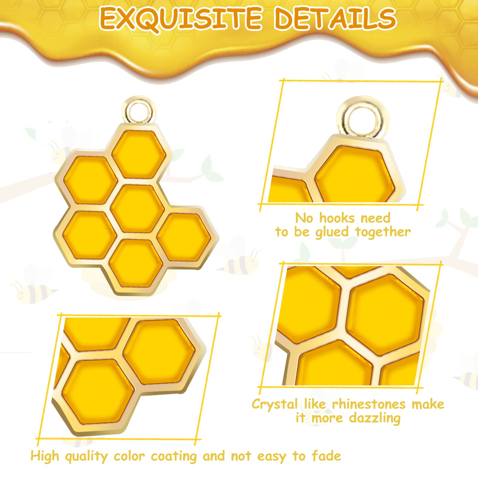 24Pcs Bee Charms - Alloy Enamel Honeycomb Pendants with Rhinestones for DIY Jewelry Making, Earrings & Keychains (12 Bees + 12 Honeycombs) - Perfect for Crafting, Gifts & Boho Style Accessories