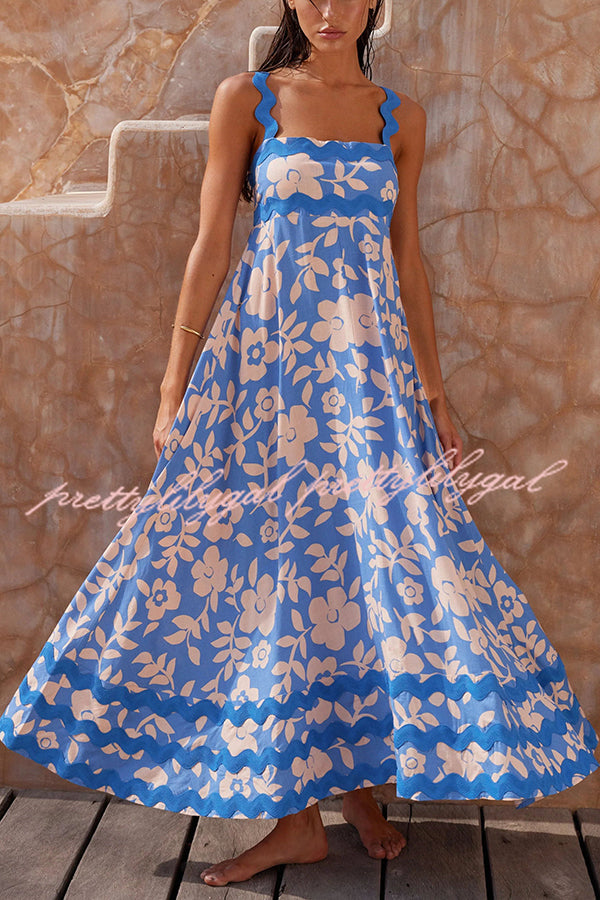 Vivi Floral Print Wavy Suspender Side Zip Maxi Dress for Women - Elegant Summer Beach Wedding Party Dress with Pockets